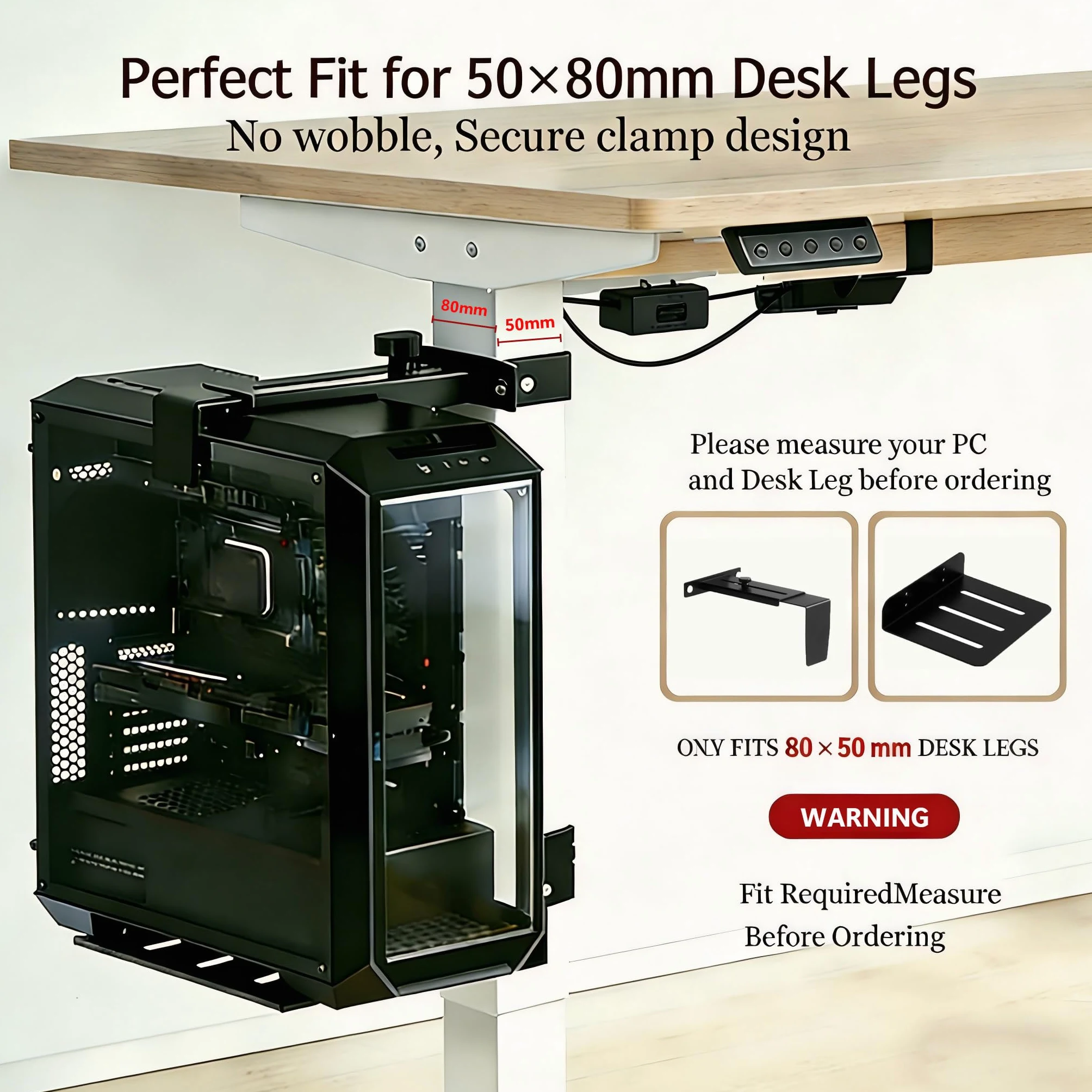 Supporto regolabile per PC sotto la scrivania senza forare, compatibile con scrivanie rialzabili, carico massimo 18 kg (40 lbs), facile installazione. (Nero, 80 * 50)