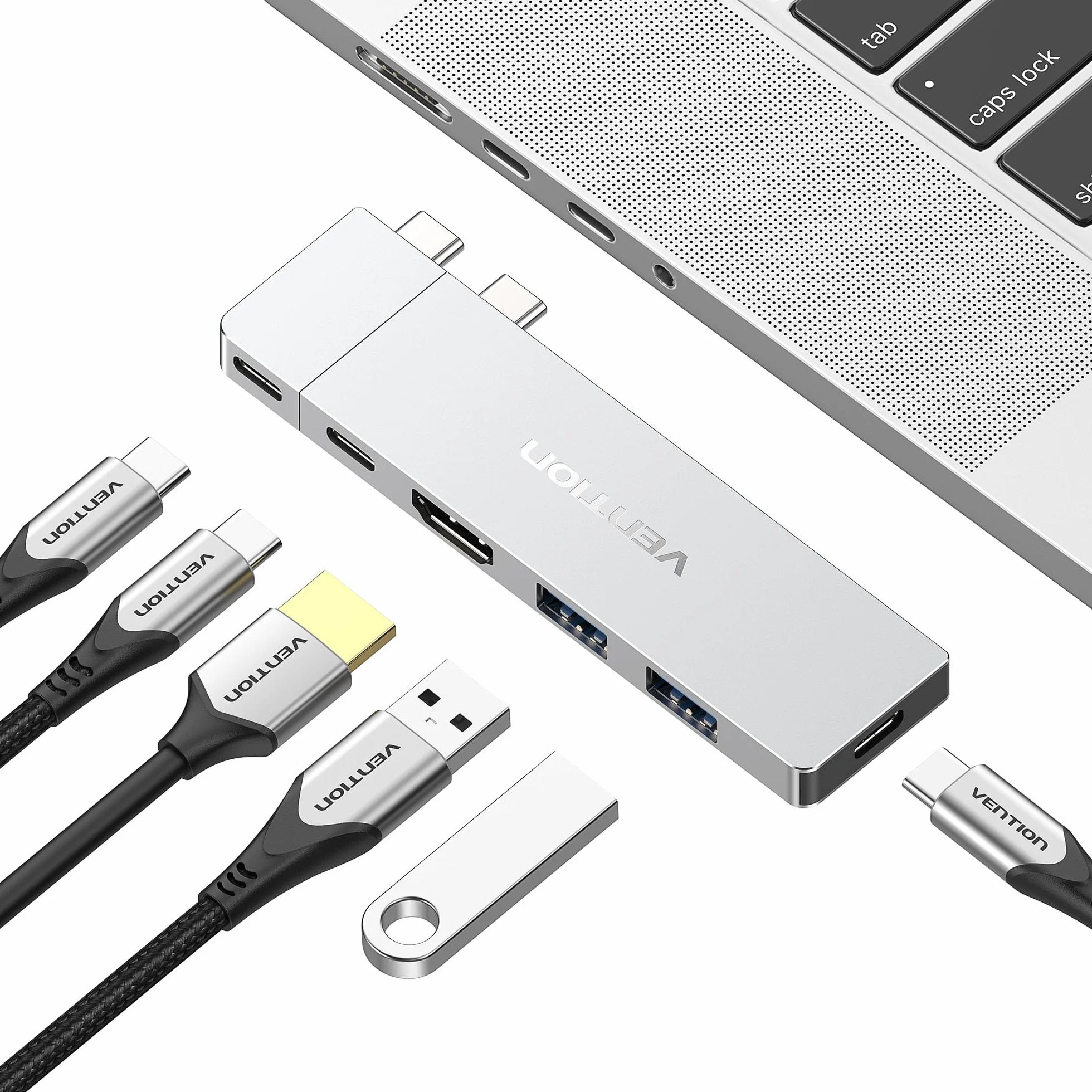 VENTION MacBook USB Adapter, 6-in-2 Mac Hub with Dual USB C, Removable Magnetic USB-C Connector, PD 140W / 8K @ 240Hz / 80Gbps Max, Compatible with All Laptops/iPads, Silver