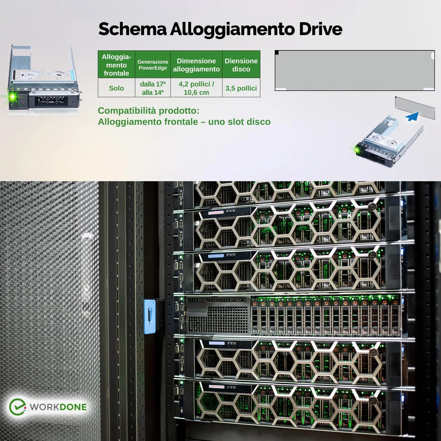 WORKDONE Confez. 6 - Caddy Disco Rigido 3,5" con Adattatore HDD 2,5" - Compatibile con Server Dell PowerEdge 14-15 Generazione Selezionati - Manuale - Etichette Adesive - Cacciavite - Viti Robuste