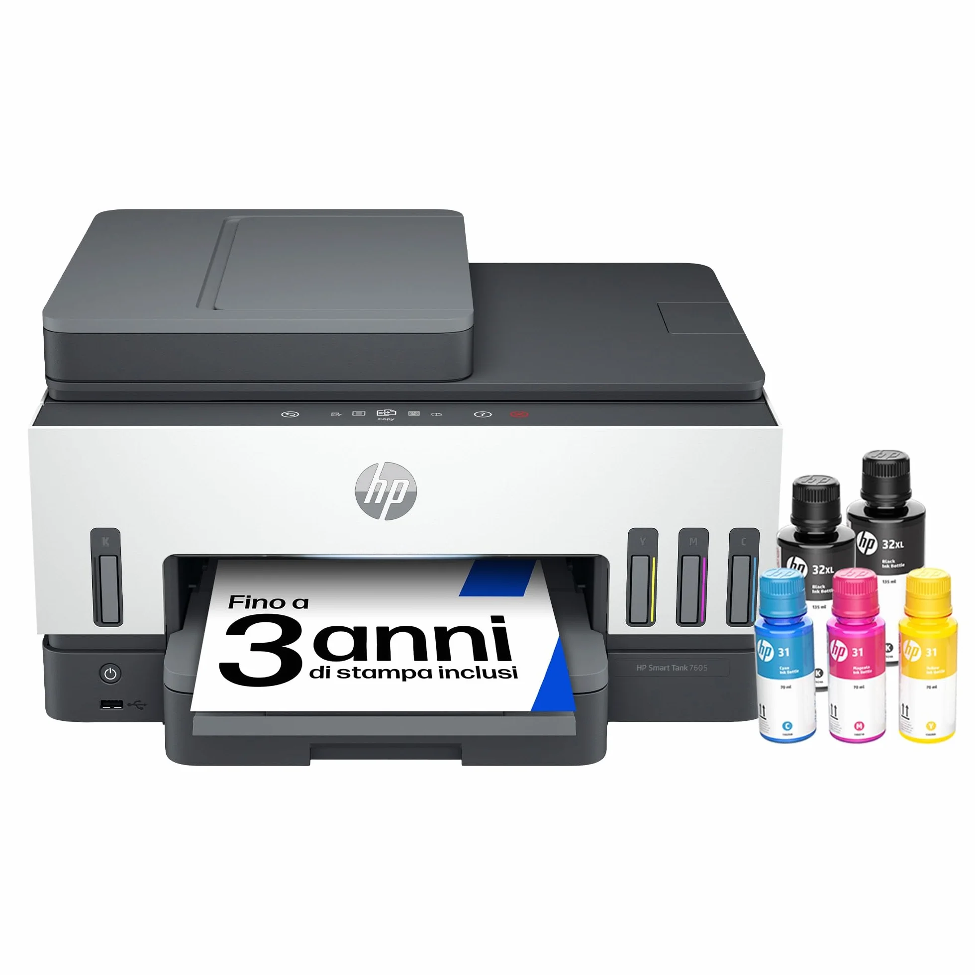 HP Smart Tank 7605 Stampante Multifunzione a Colori, Serbatoio d'Inchiostro, Fino a 12000 Pagine Nero, 8000 Pagine Colore, F/R Automatica, Wi-Fi, Grigia