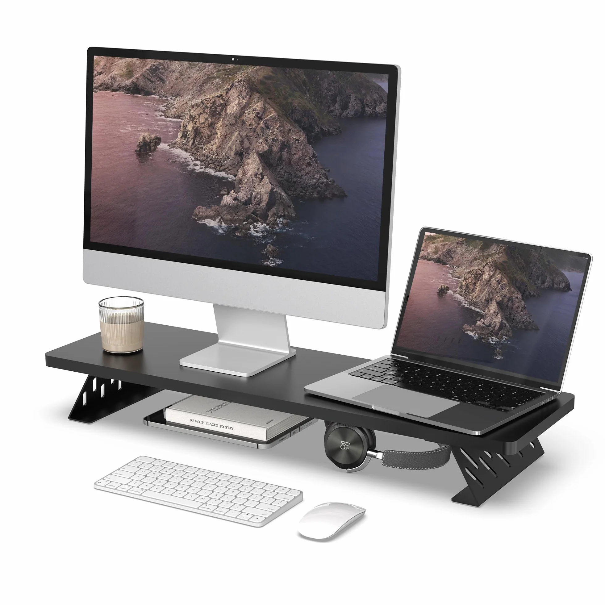 Fenge Supporto per Doppio Monitor in Legno, Organizer Ergonomico per Scrivania per PC, Laptop Stampante, L80xW23,5 xH10cm Capacità di Carico 25KG Nero