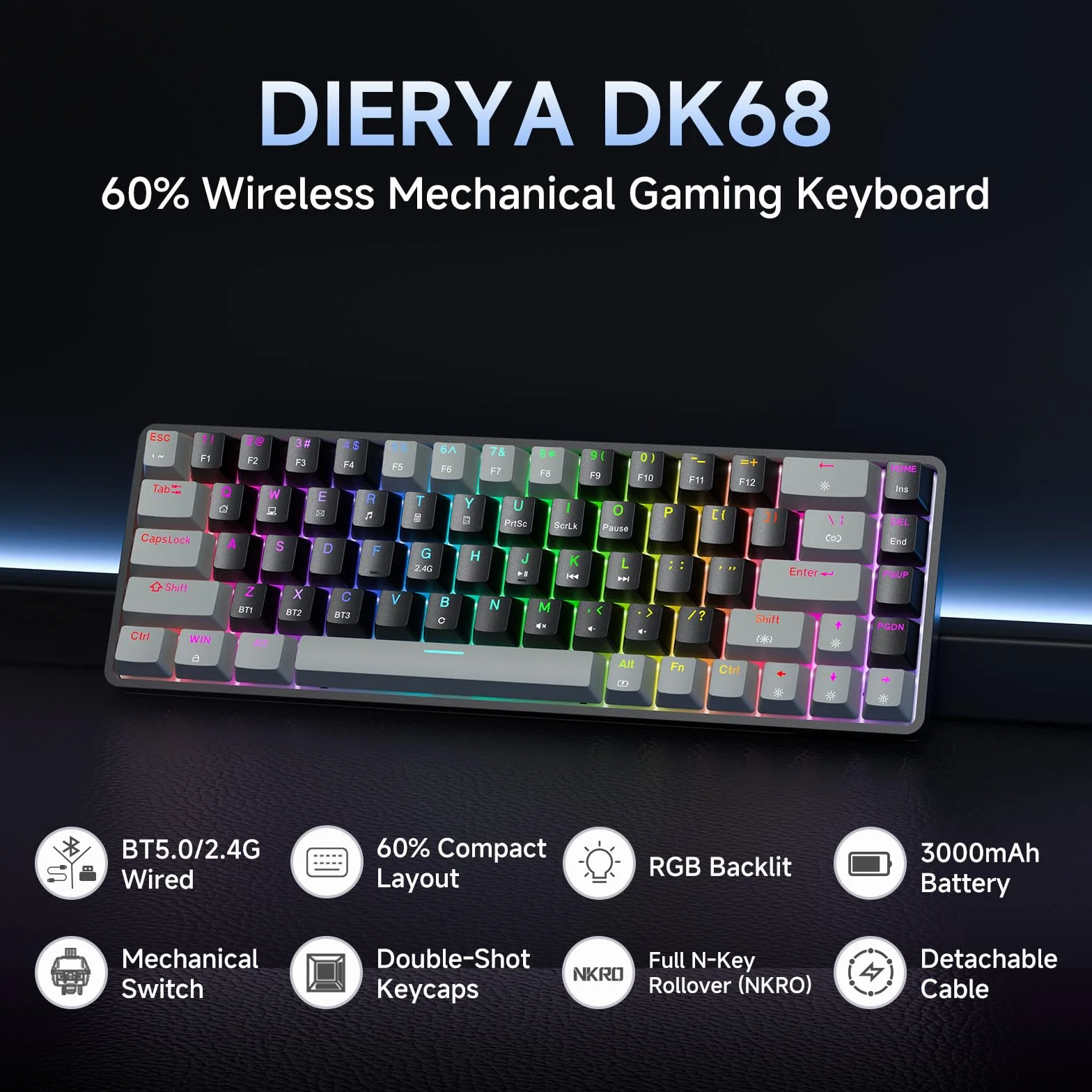 Dierya DK68 Tastiera Gaming Wireless,60% Tastiera Meccanica Bluetooth/2.4G/USB-C RGB,Interruttore Rosso,Double-Shot ABS Keycaps Compatibile con Win/Mac,Nero grigio-B(Layout US,QWERTY)