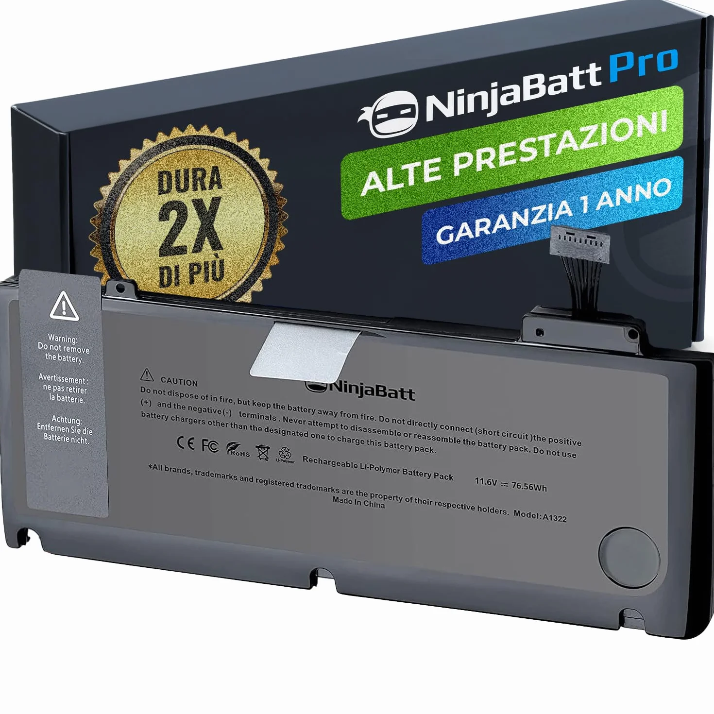 NinjaBatt batteria A1278 A1322 per MacBook Pro 13" [2009 2010 2011 2012 Years] - High Performance [76.56Wh/11.6V]