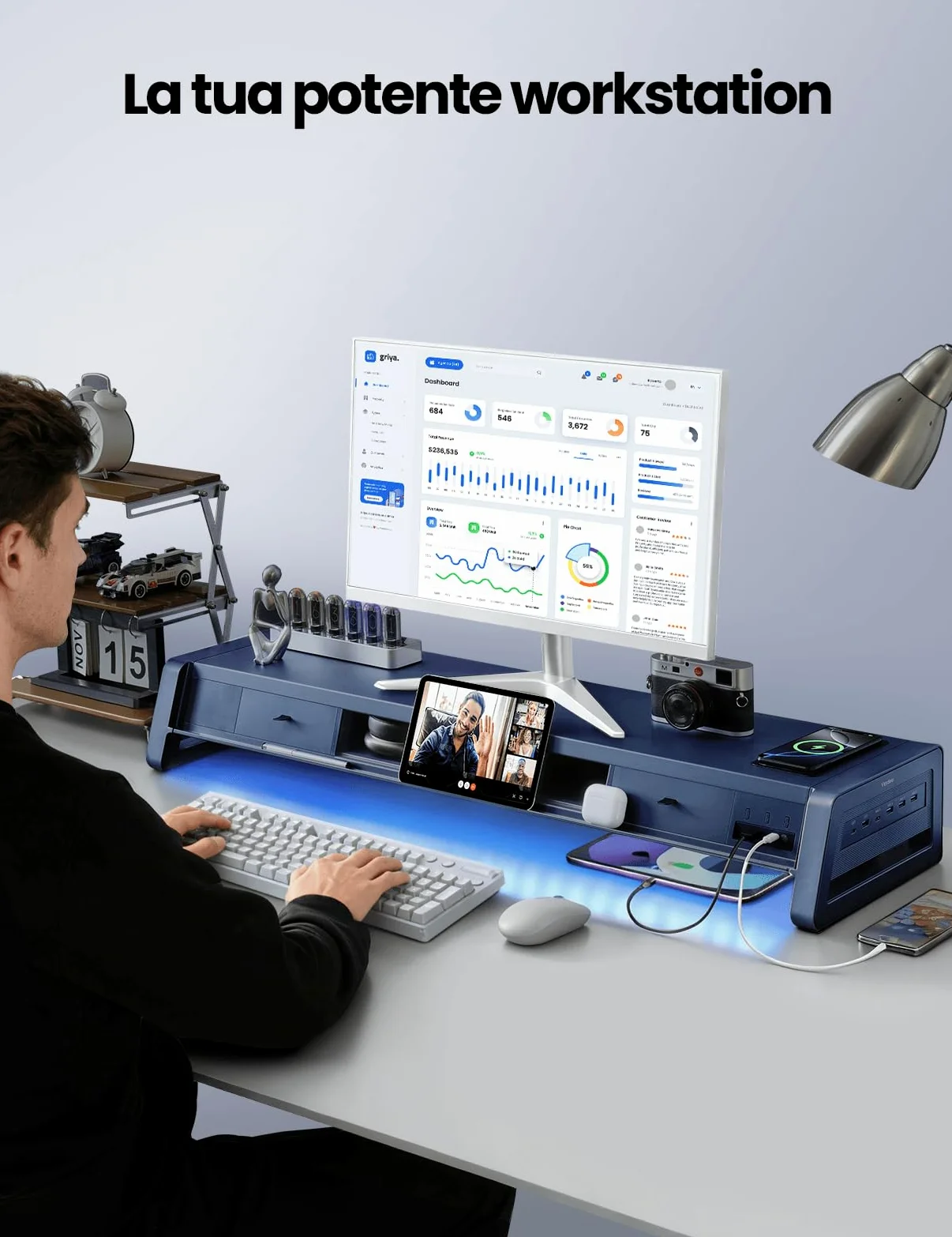 VAYDEER All-in-One Dual Monitor Stand Riser con 2 cassetti, 8USB Ports e Wireless Charging Pad con LED Light Strip per 2 monitor, Desk Organizer per PC, iMac (metallo, 39,3 pollici)