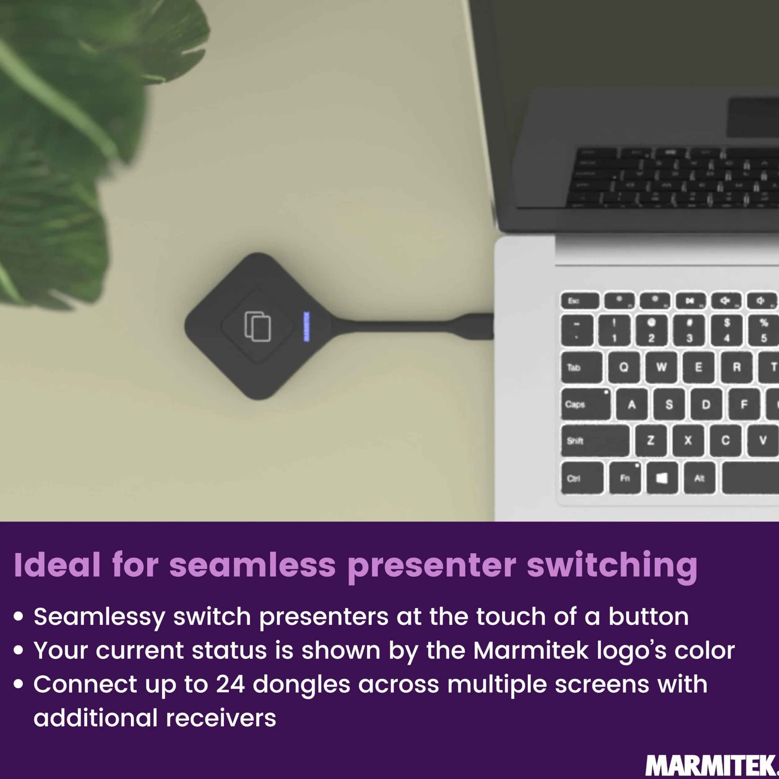 Sistema di presentazione HDMI 4K wireless Marmitek Stream 4K Pro KIT 1TX/1RX - Senza software né Wi-Fi - Dongle USB-C & ricevitore, split screen, touchback, PoE - Doppia HDMI - BYOD mirroring