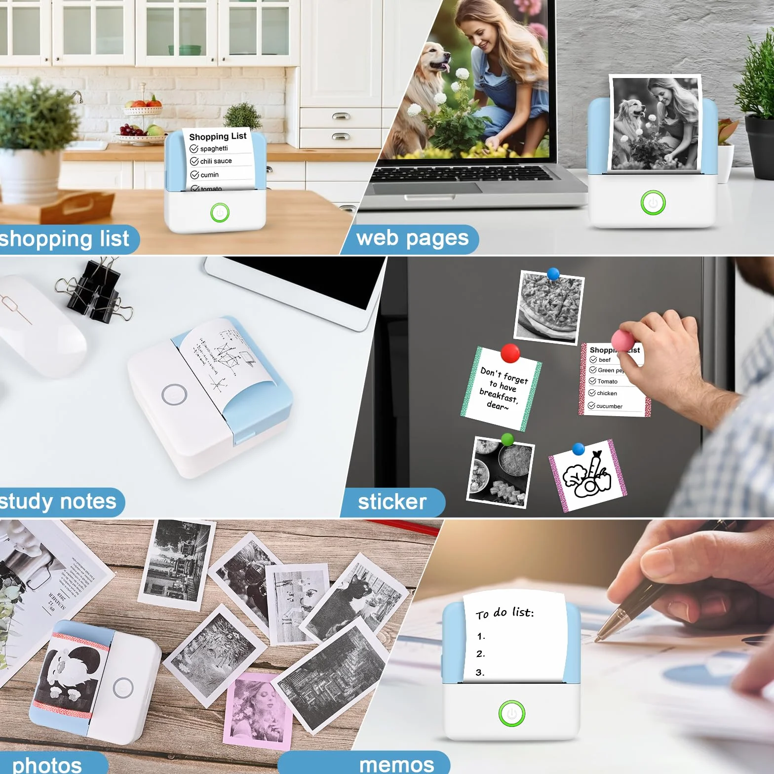 GuKKK Mini stampante, stampante fotografica portatile, mini stampante fotografica wireless, stampante termica con 13 rotoli e 6 matite colorate, smartphone Bluetooth, per elenco, diario