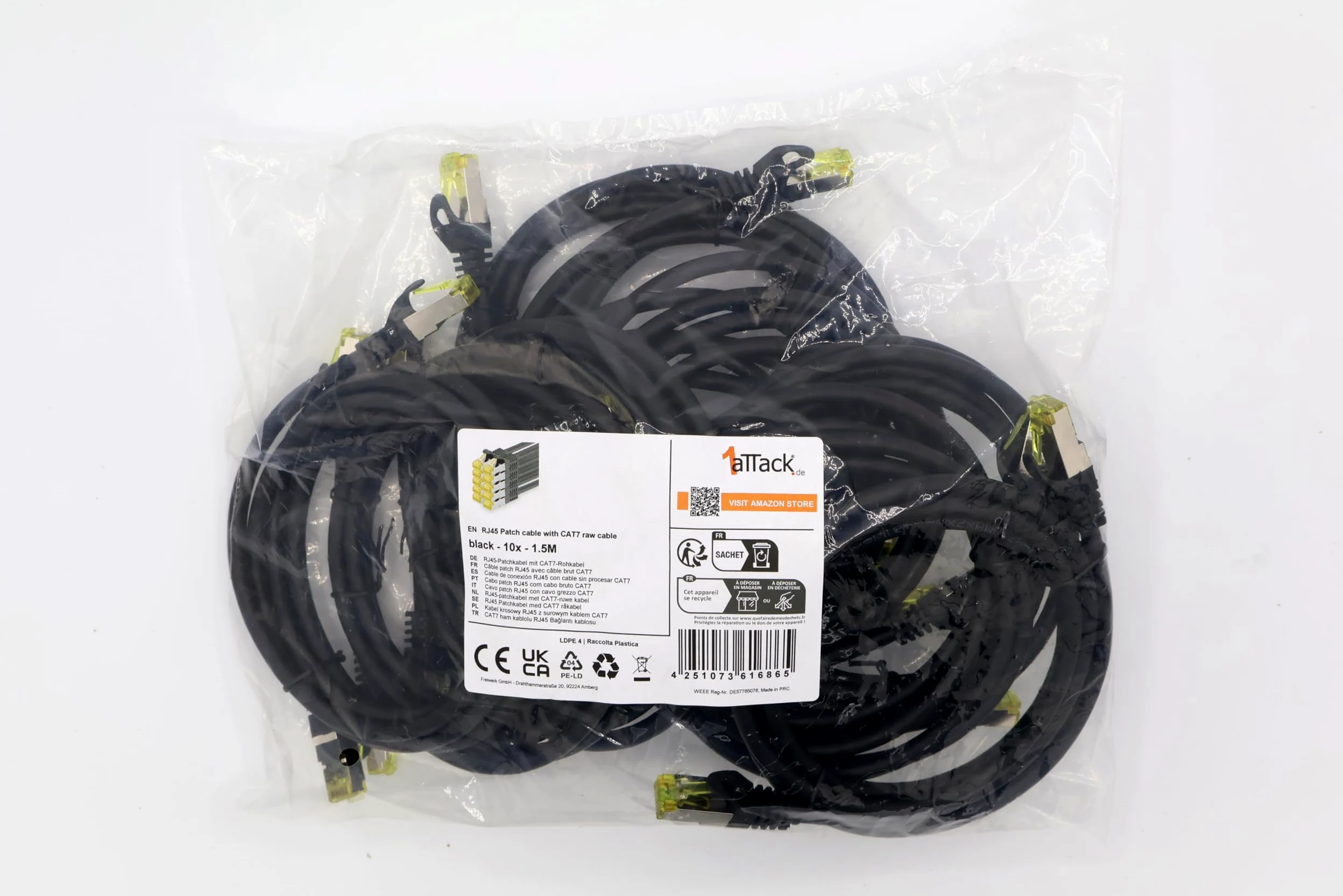 1aTTack.de Cavo di rete Ethernet Lan Cat.7 SFTP spina RJ45 Cat6a doppia schermatura 10000 Mbit/s compatibile con Cat5 Cat6 Cat6a Cat8 per switch Router Modem Patchpanel Nero / 10 pz 1,5m