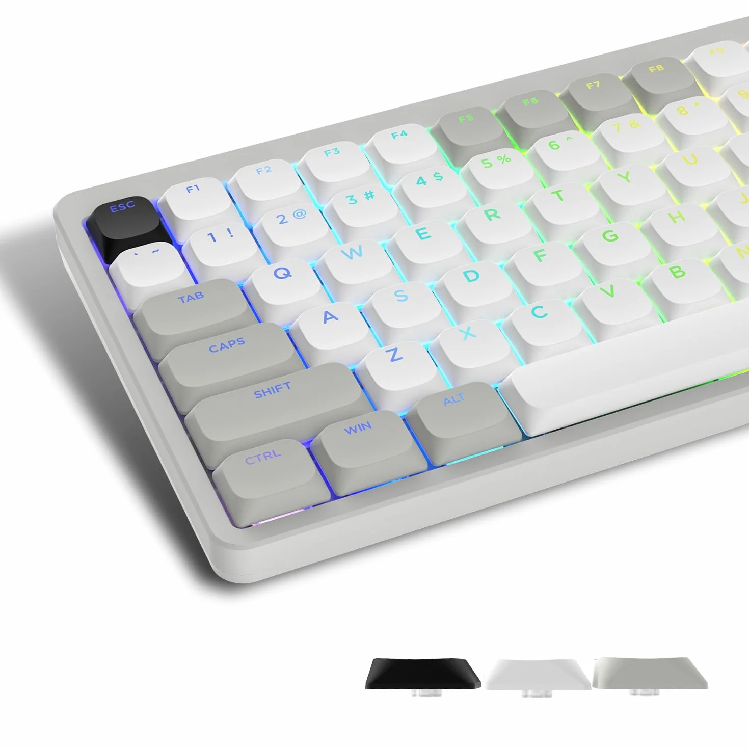Keycaps a Basso Profilo 143, PBT Keycaps 75 Percento Brillare Attraverso, Keycaps Dimensioni Complete per ANSI US 60% 65% 75% 80% 100% Cherry Gateron MX Switch tastiera meccanica, Grigio/Bianco