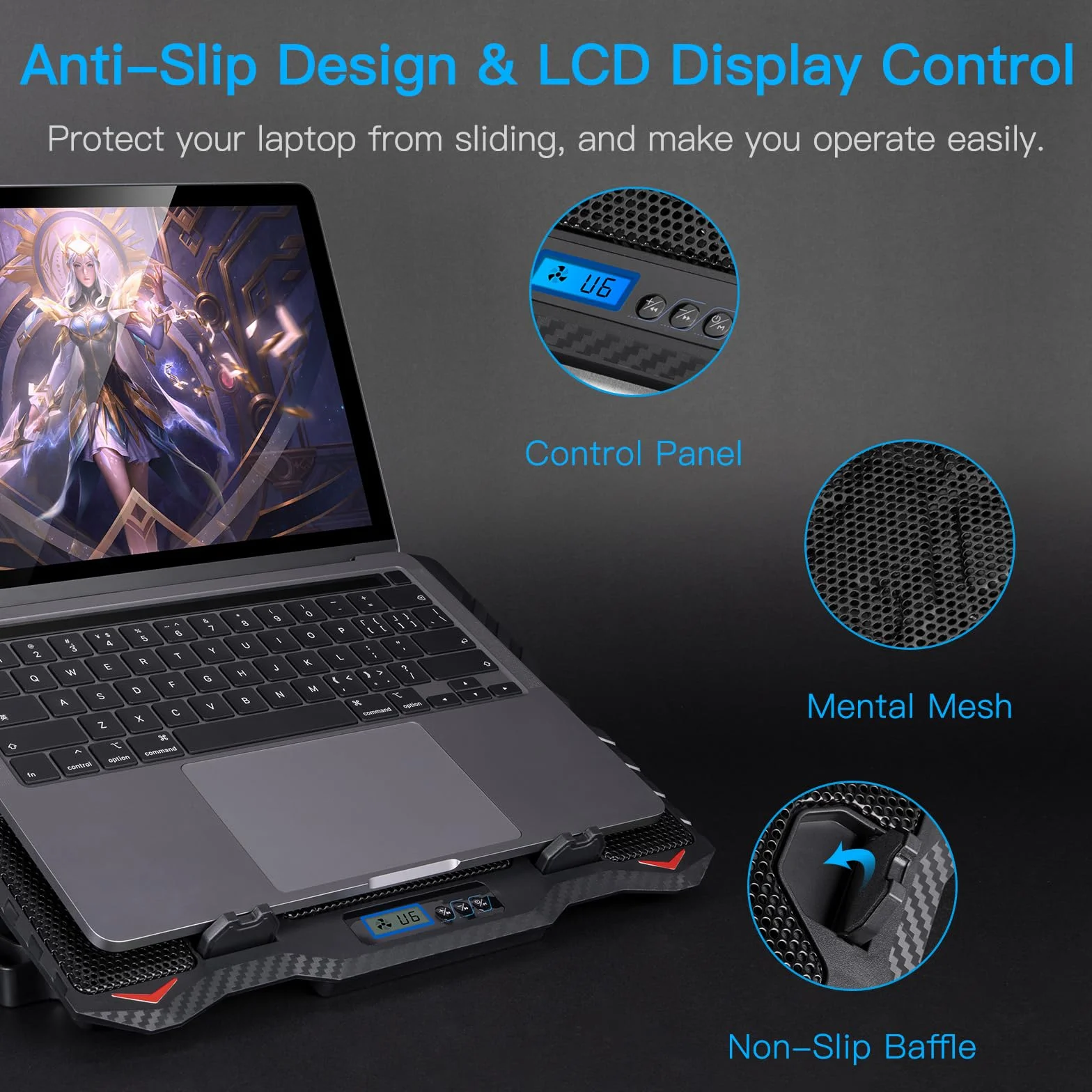 MATEPROX Base di Raffreddamento per PC Portatile, Ventola Pc per Portatile da Gioco RGB per Laptop 15,6-17,3" con 6 Ventole Silenziose Blu e Schermo LCD, 5 Altezze di Regolazione, 1 Supporto Telefono
