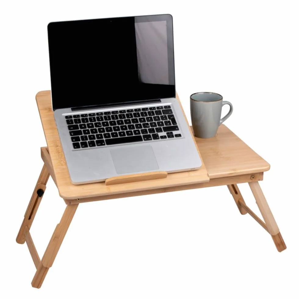 Tavolino per Laptop Regolabile - Tavolo da Letto per Laptop - Supporto per Laptop da Letto - 21,5 x 27,5 cm - Tavolo da Letto Pieghevole - con Portabevande e Slot per Tablet – Legno di Bambù, Marrone