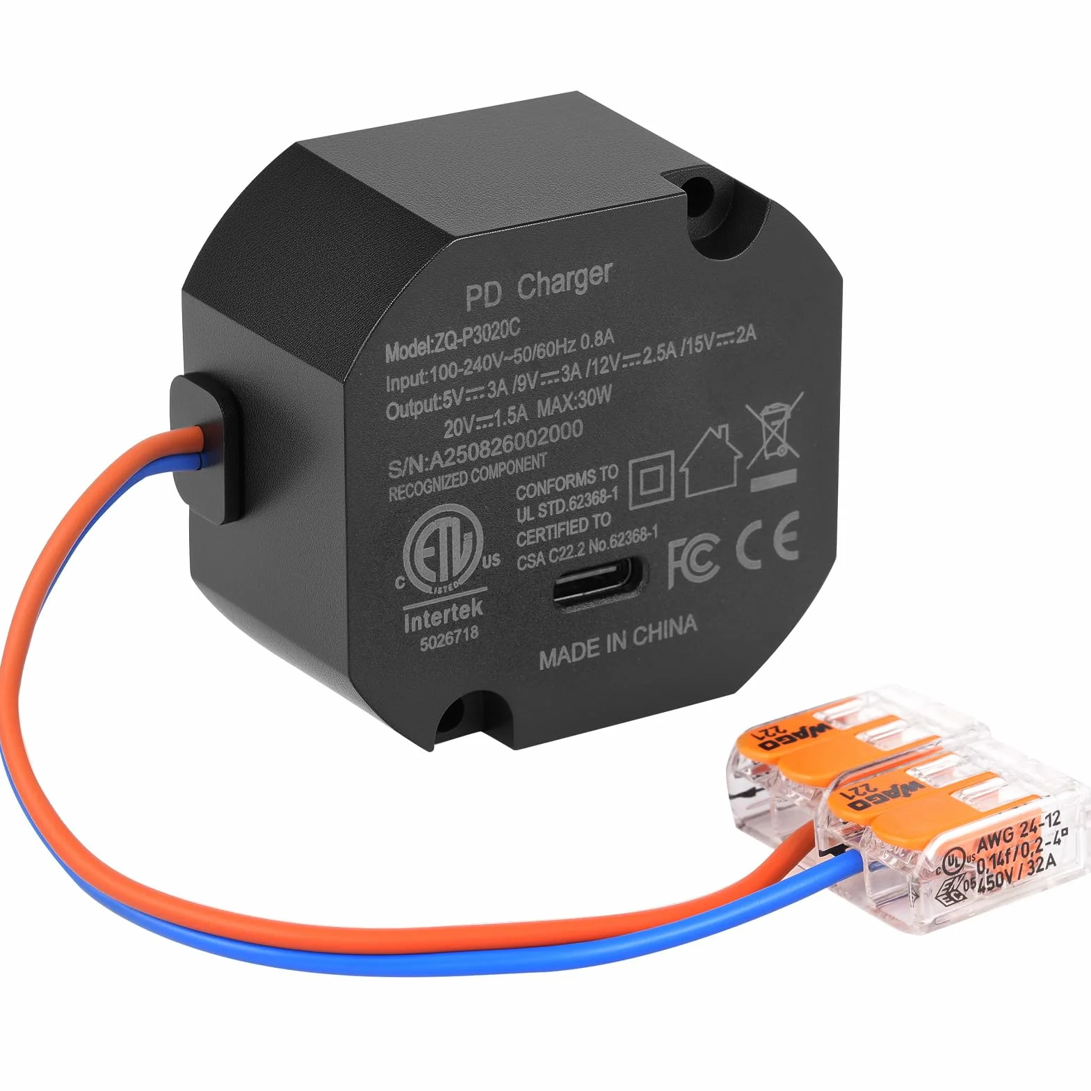 Alimentatore Tablet USB C da Parete 30 W 86 x 86 mm Negoziazione Automatica