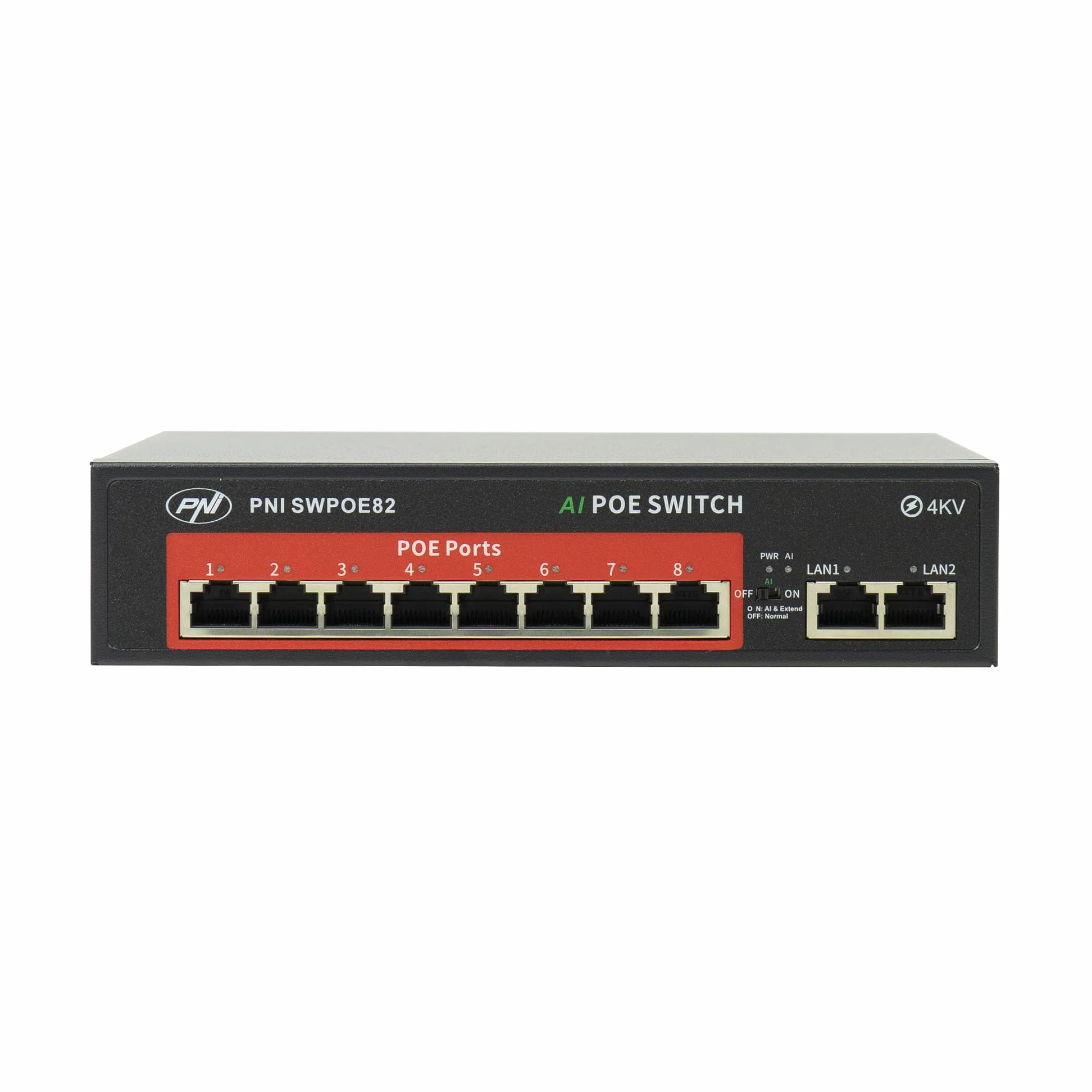 Switch POE SWPOE82 PNI, 8 porte POE da 100 Mbps e 2 porte UP Link da 100 Mbps, 120 W, funzione AI Extend fino a 250 m, protezione contro i fulmini da 4 kV