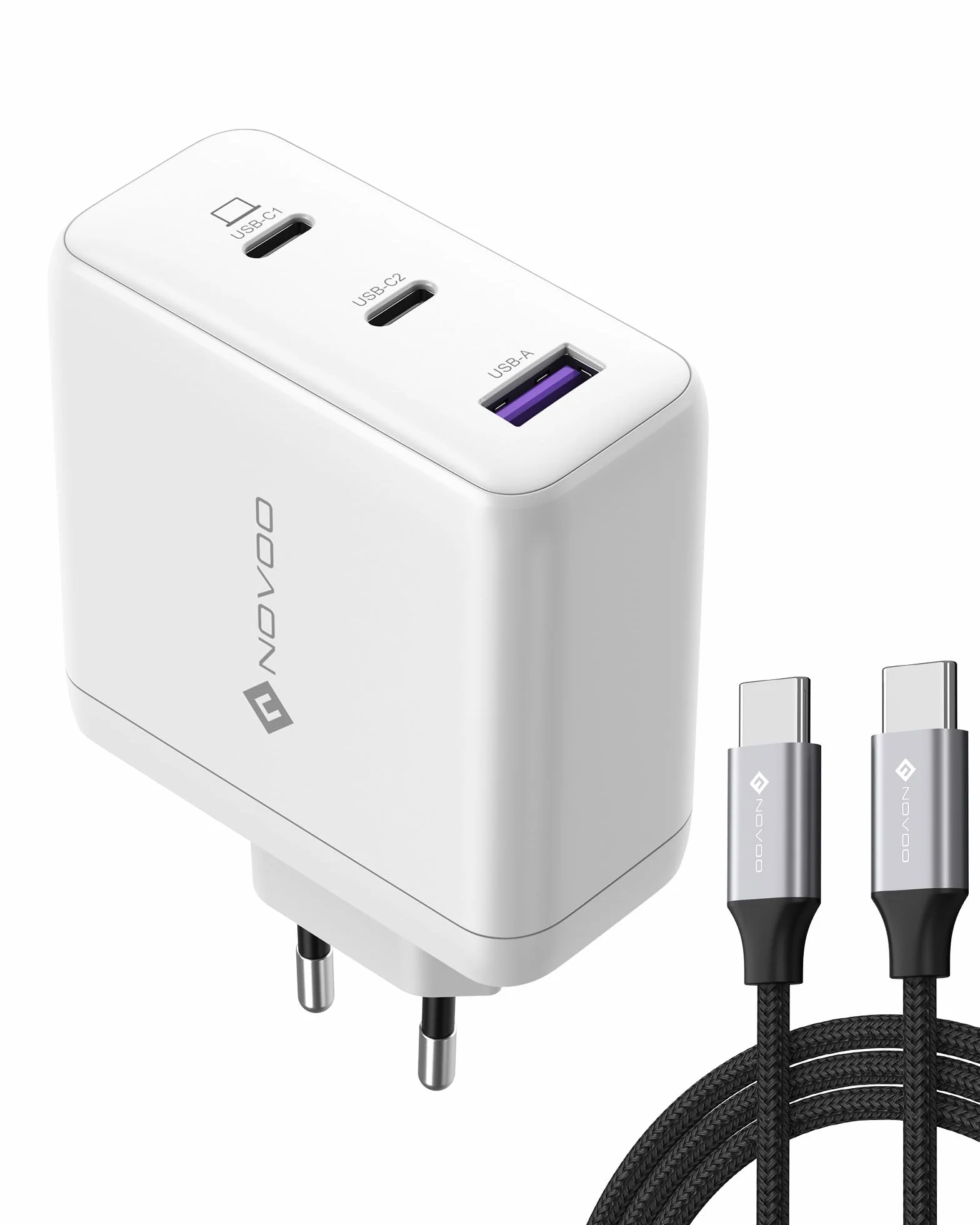 NOVOO Caricabatterie USB C 120W 1M cavi PD 100W Type-C Caricatore PPS GaN III 3 porte Bianco