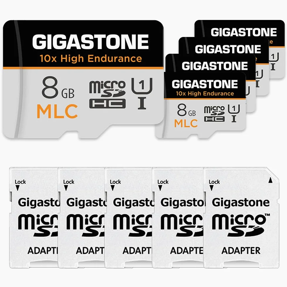 [10 x Alta Resistenza] GIGASTONE MLC Micro SD 8GB, Set da 5, 10x High Endurance, 8 GB per Telecamera Sorveglianza, Gopro, Dashcam, Lettura fino a 90 MB/s. Per video 4K, U1 C10 + Adattatore SD