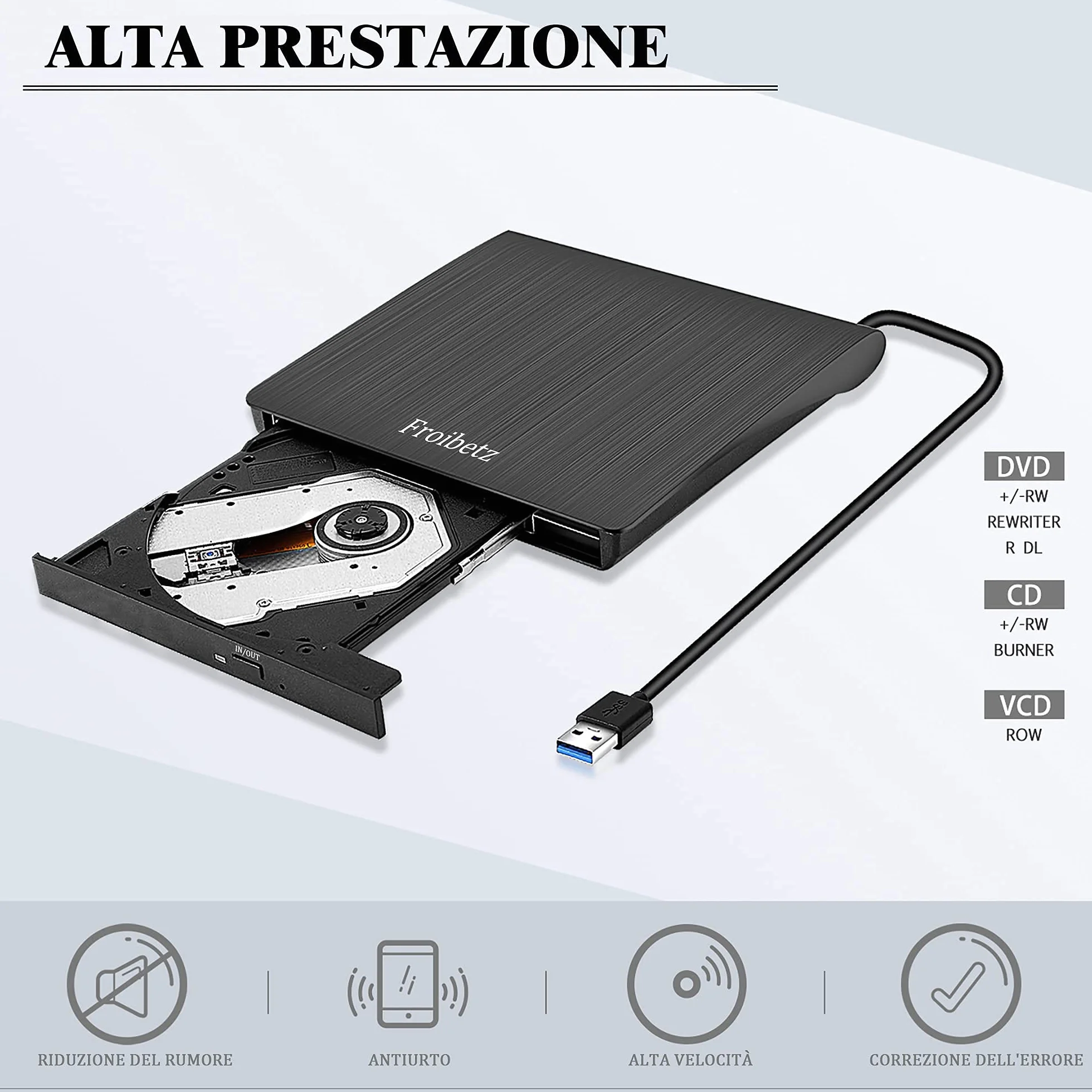 Masterizzatore DVD CD Externo Unità USB 3.0 DVD-R CD-RW Dispositivo Lettore di Schede Portatile Ultra Slim External Disc con Mac/OS/XP/Win11/Win10/Win7/Win8 (Black)