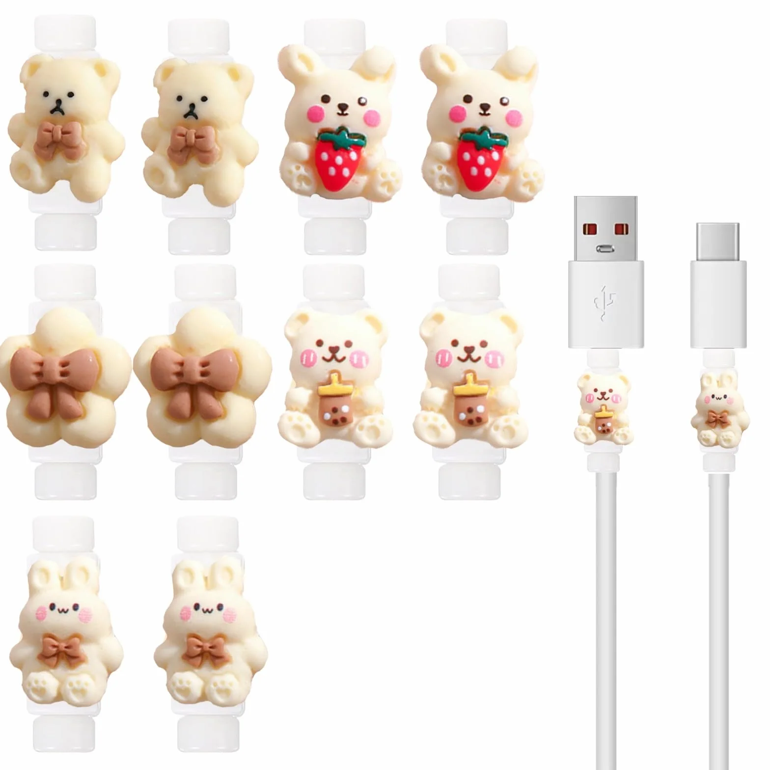 10 Pezzi Proteggi Cavo Cellulare Protezione Cavo Carica Mignon Animale Salva Cavo Bianco Crema Salvacavi per Caricabatterie Copertura Protettiva per Cavi Smartphone USB