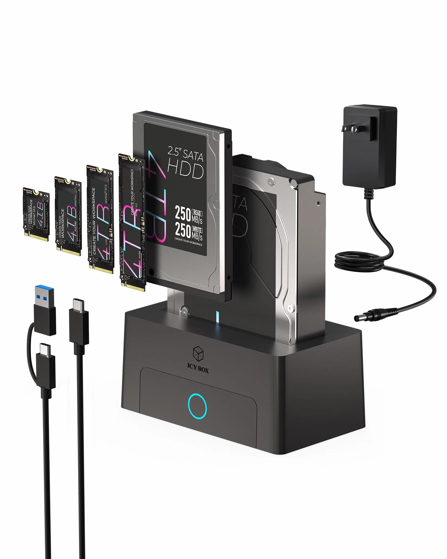 ICY BOX Docking Station per M.2 NVMe e HDD/SSD 2,5"/3,5", USB 3.2 Gen 2 Type-C (10 Gbps), HotSwap, UASP, dock SATA e NVMe per SSD e hard disk, IB-1123M-CU31, Spade Dock 1123