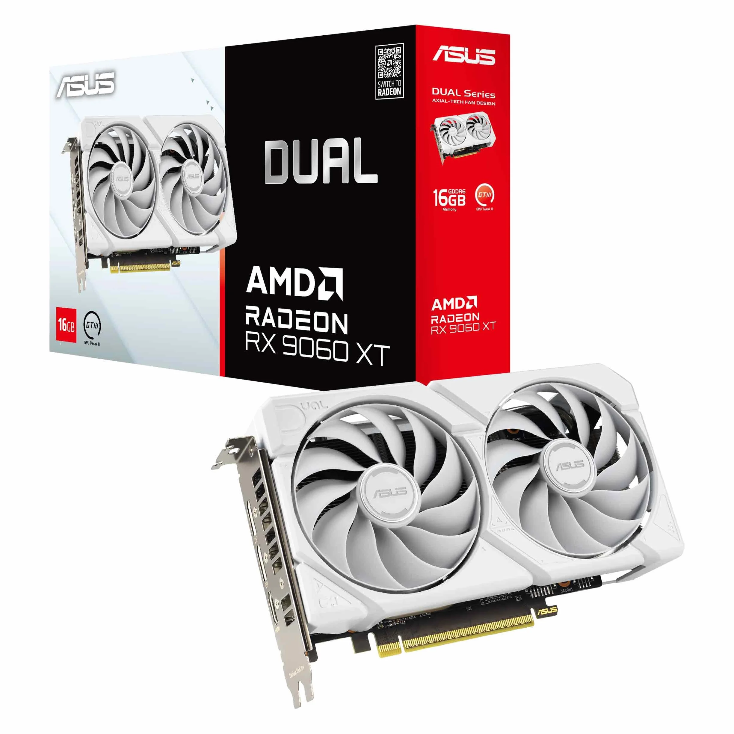 ASUS Dual AMD Radeon RX 9060 XT, Scheda Grafica 16G GDDR6, 128 Bit, PCIe 5.0, 1 HDMI 2.1, 2 DisplayPort 2.1, Ventole Axial-Tech, Tecnologia 0db, GPU Tweak III, Bianco, DUAL-RX9060XT-16G-WHITE