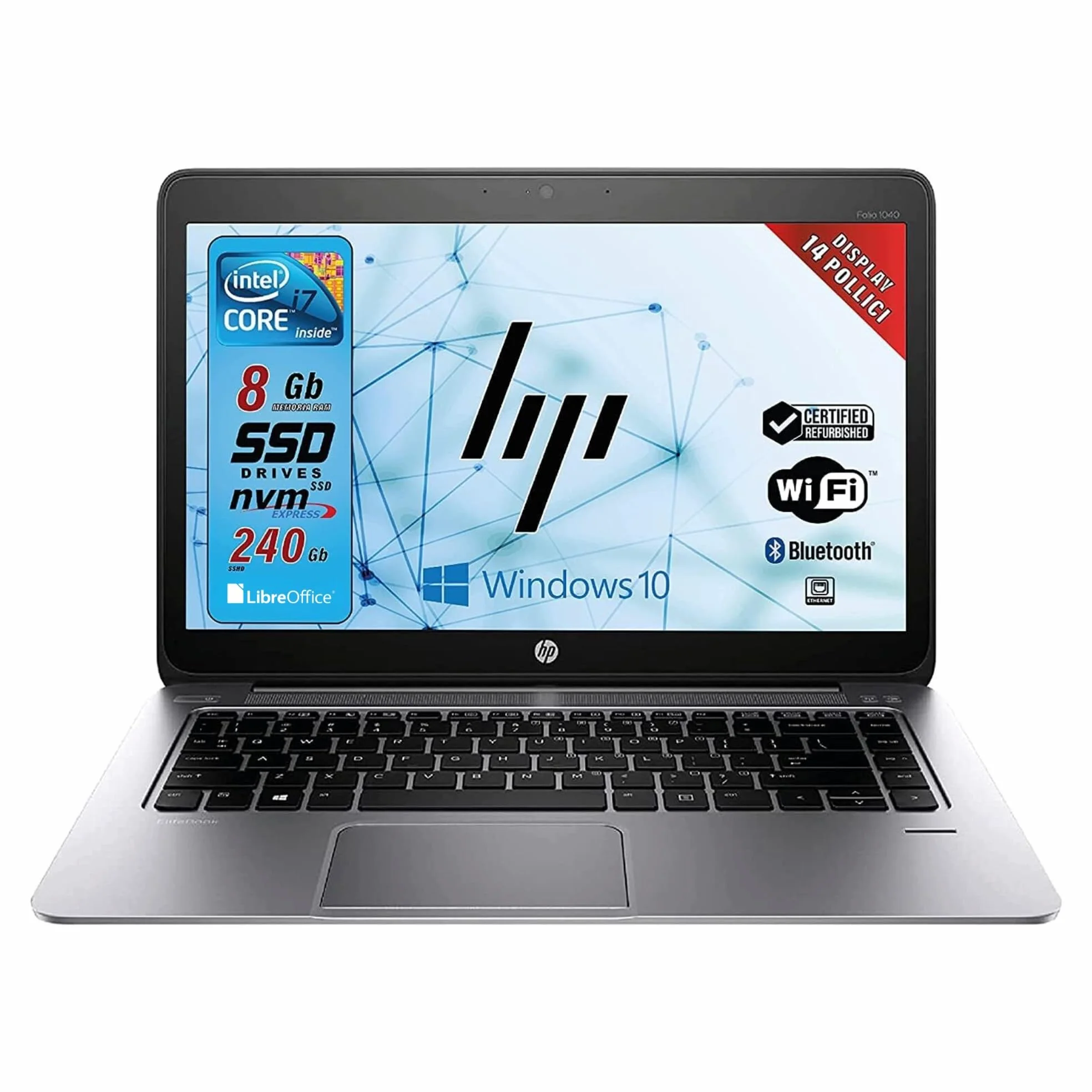 HP Elitebook Folio, Notebook Pc portatile Pronto All'uso, Display 14", Intel Core i7, Ram 8GB, SSD 240GB, Win 10Pro, Pacchetto Libre Office (Ricondizionato)