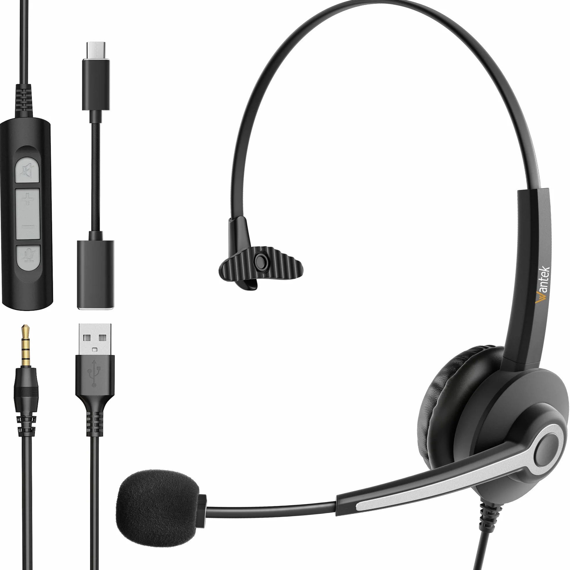 Wantek Cuffie Mono con microfono per cancellazione del rumore, USB/Tipo C/3,5 mm jack 3 in 1 Cuffie con Filo PC, controllo del volume per Call Center, Skype, Zoom, Home Office, corsi online