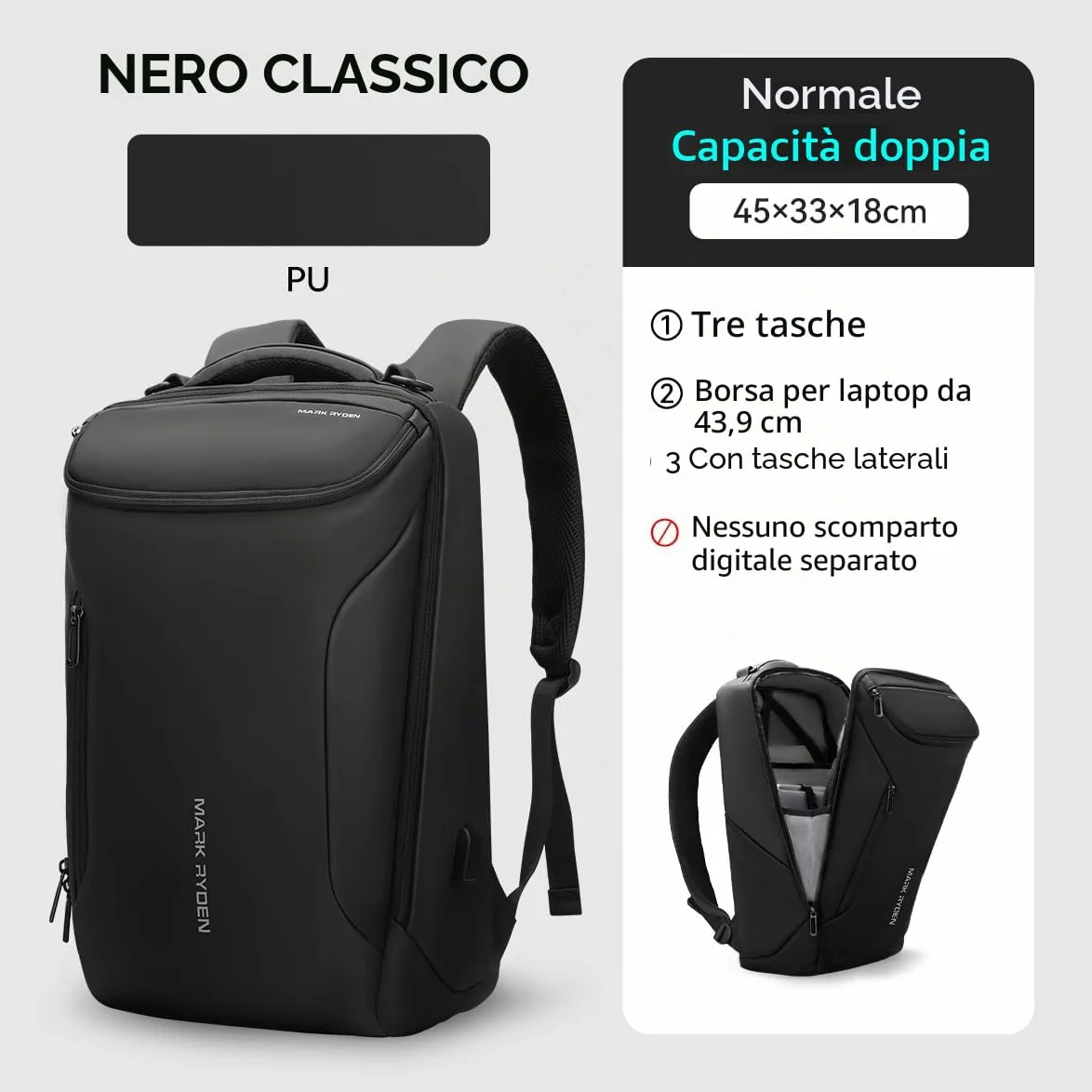 MARK RYDEN Zaino Grande capacità e impermeabile per gli uomini d'affari con porta di ricarica USB per i viaggi scolastici pack escursionismo per laptop sotto i 17,3 pollici