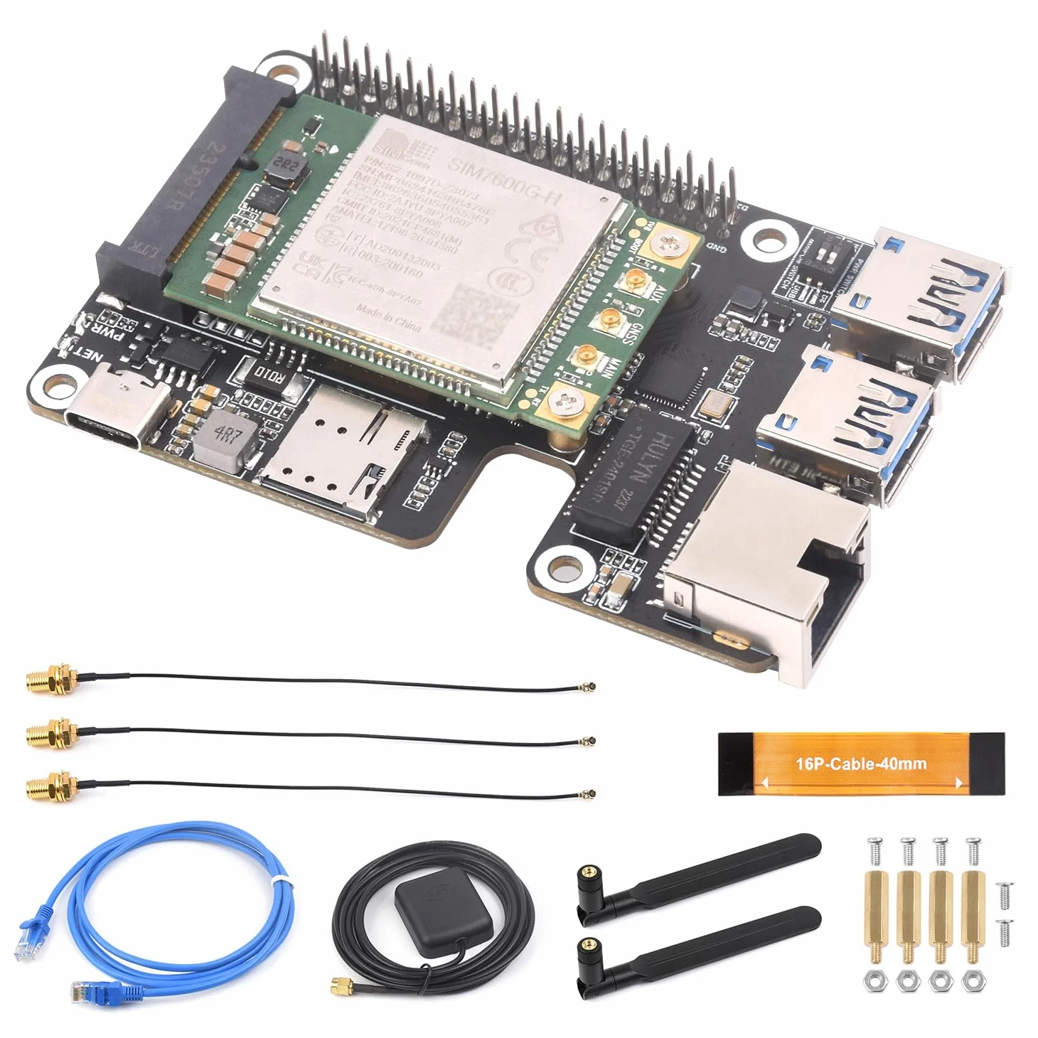 Waveshare PCIe to MiniPCIe/Gigabit Ethernet/USB 3.2 Gen1 HAT+ Compatible with Raspberry Pi 5, Supports Multiple OS and MiniPCIe interface 4G Module (with SIM7600G-H-PCIE),High-speed Networking