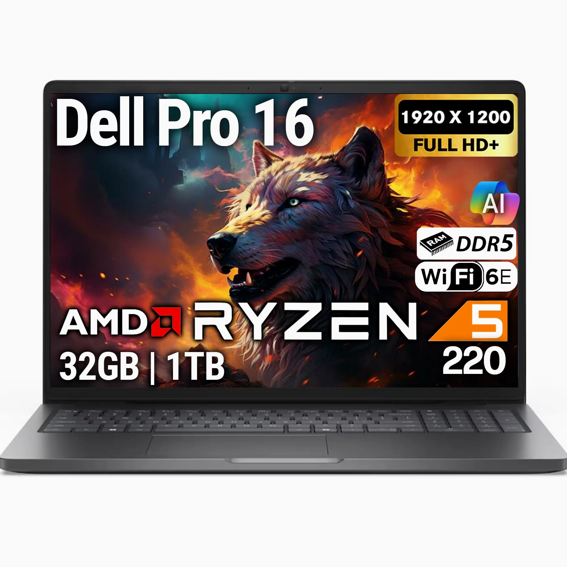 Dell Pro 16 FHD 16" Display Business Laptop, AMD Ryzen 5 220, 32GB DDR5 RAM, 1TB SSD PCIe, Tastiera retroilluminata, WiFi 6E + BT, RJ-45, HDMI, AI PC, HD Webcam, Windows 11 Pro - Magnetite Nero
