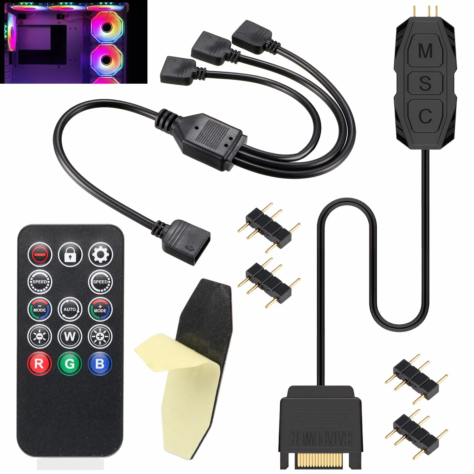 argb Controller con telecomando, controller da 5 V a 3 pin, alimentato da SATA, 14 chiavi per effetti di illuminazione RGB, adatto per ventole e strisce luminose, con cavo splitter da 1 a 3