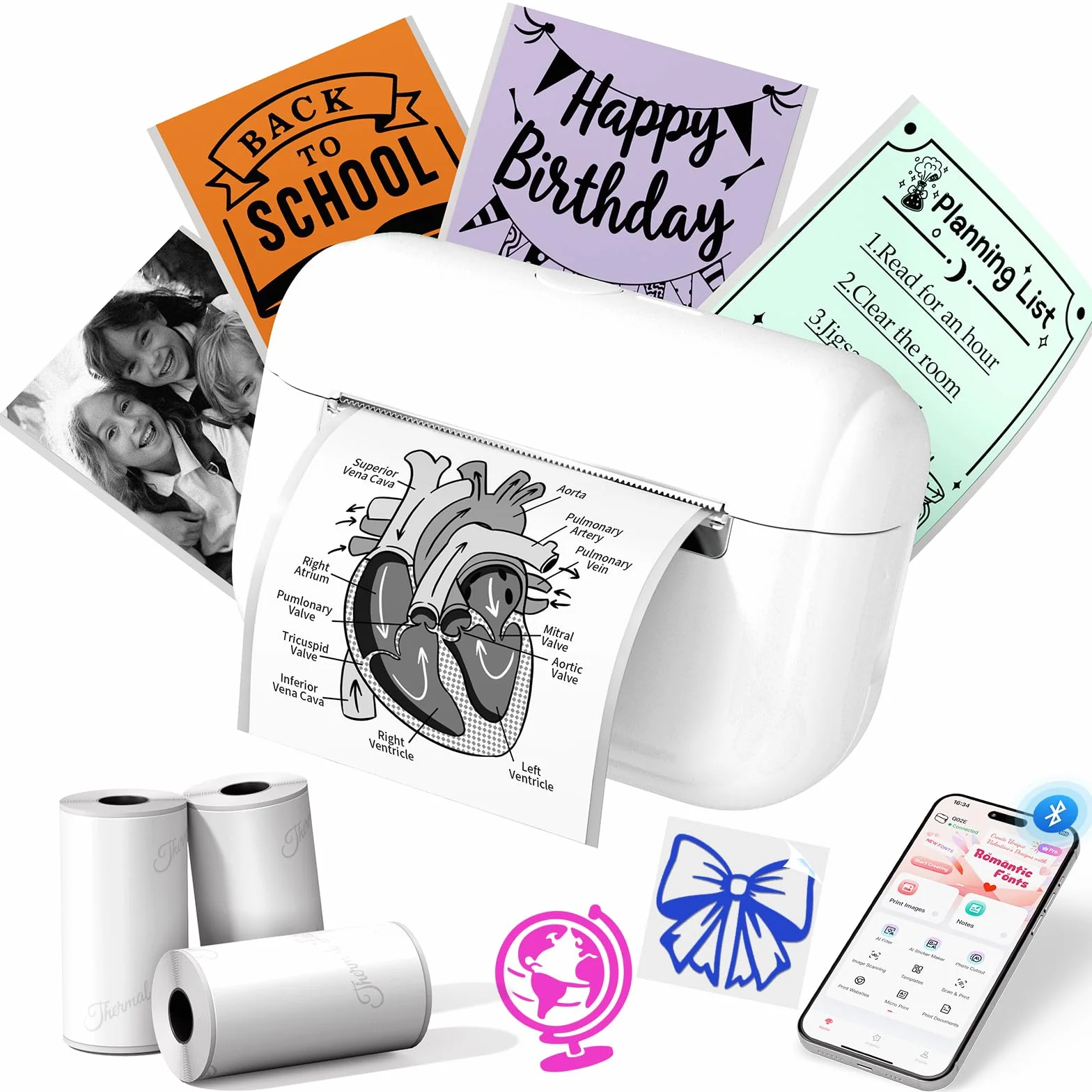 Memoking Q02E Mini Stampante Termica Portatile Bluetooth, Stampante Etichette con 3 Rotoli di Carta, Bianco
