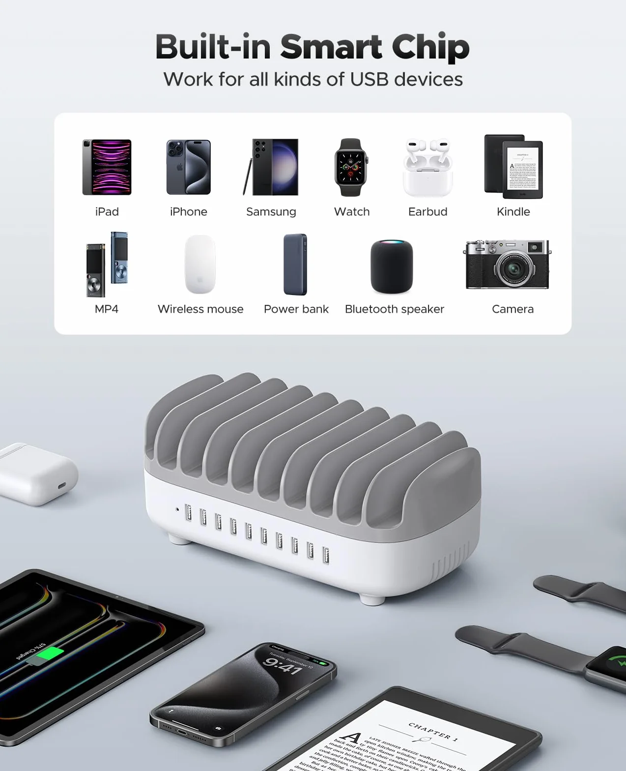 ORICO 120W Stazione di Ricarica Multi-Dispositivo, Versione Aggiornata 10 Porte USB con Ventola di Raffreddamento | Compatibile con iPhone, iPad, Smartphone Android e Tablet, Bianco