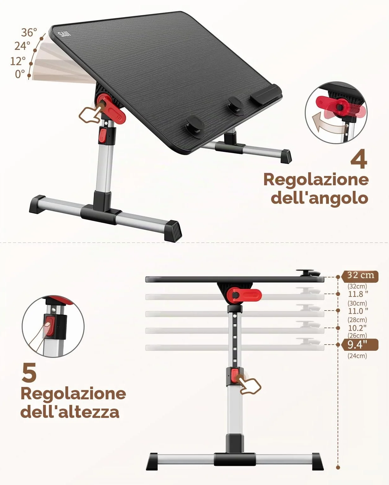 Tavolo, SAIJI Tavolino da letto, Regolabile in altezza, con 4 angolazioni regolabili, lapdesk pieghevole, per divano divano pavimento lavoro studio lettura scrittura mangiare (60 * 33 cm nero)