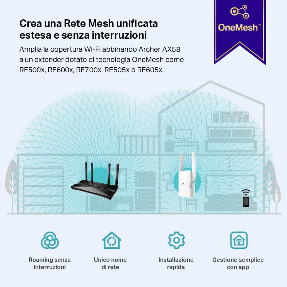 TP-Link Archer AX58 AX3000Mbps Router WiFi 6 Dual-Band, 4 Porta Gigabit, 2402Mbps su 5 GHz e 574Mbps su 2,4 GHz, 4 Antenne Ad Alto Guadagno, Parental Control, Rete Ospiti, QoS, EasyMesh, WPA3, Alexa