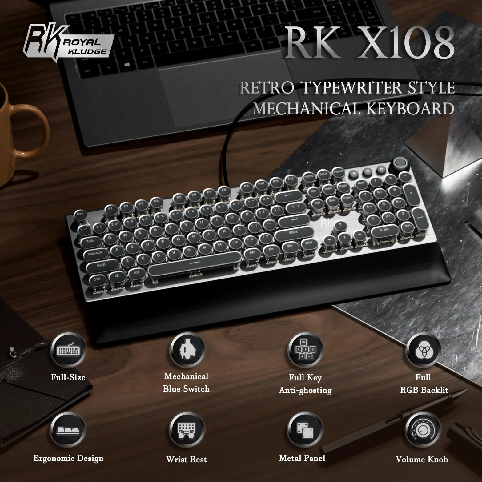 RK ROYAL KLUDGE Tastiera da gioco RKX108, interruttore blu, grigio ombra