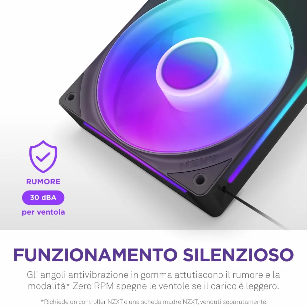 NZXT F240 RGB Core - Telaio singolo 240 mm con 2 ventole RGB 120 mm - Controllo velocità illuminazione - Alta pressione statica e flusso d'aria - Cuscinetti fluidodinamici - 8 LED aRGB - Nero