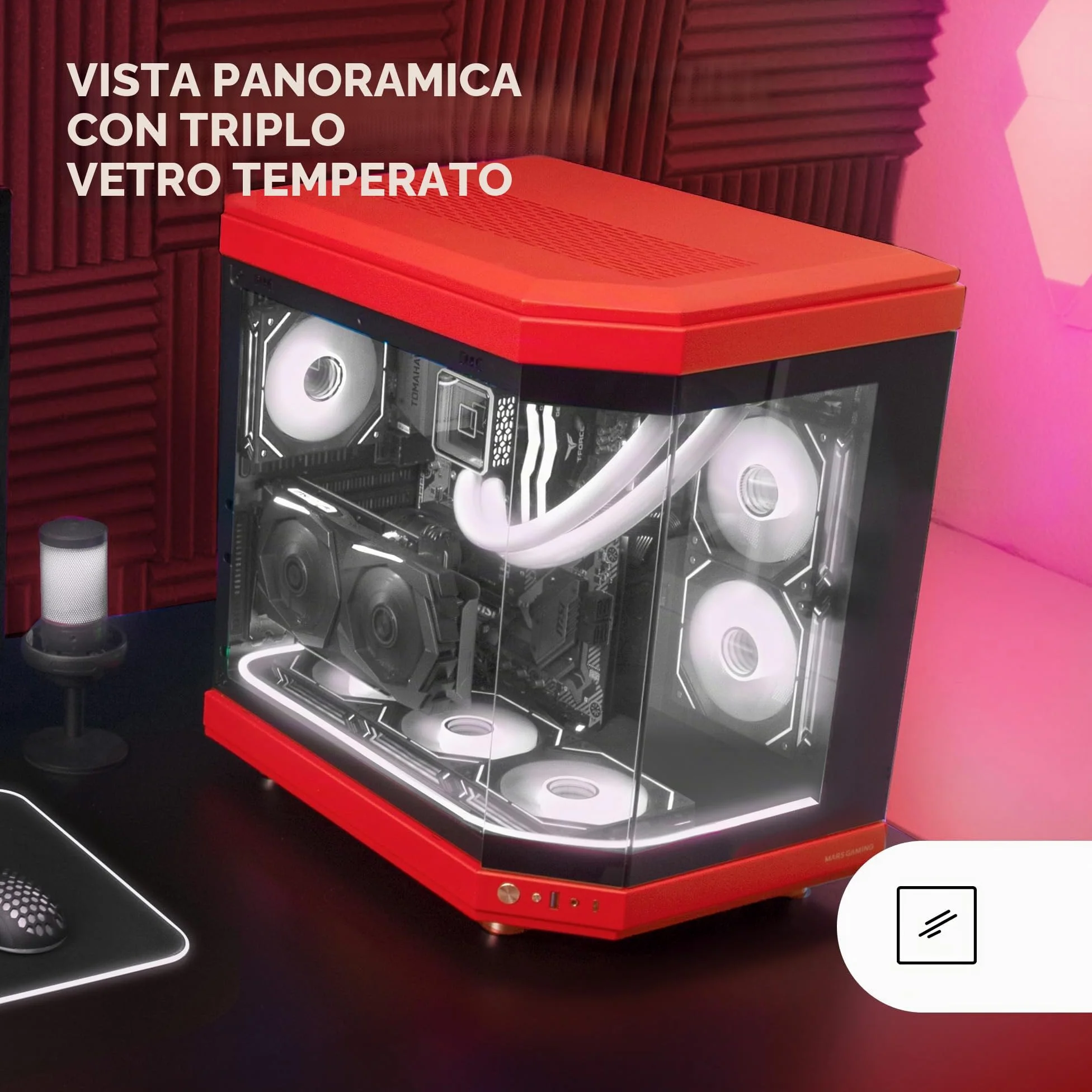 Mars Gaming MC-3T, Case Gaming Custom ATX, Vetro Temperato Continuo Tripla Finestra, Supporto Raffreddamento Liquido Completo, Doppia Camera Laterale, 3x Slot PCI Verticali, USB-C e USB 3.0, Rosso