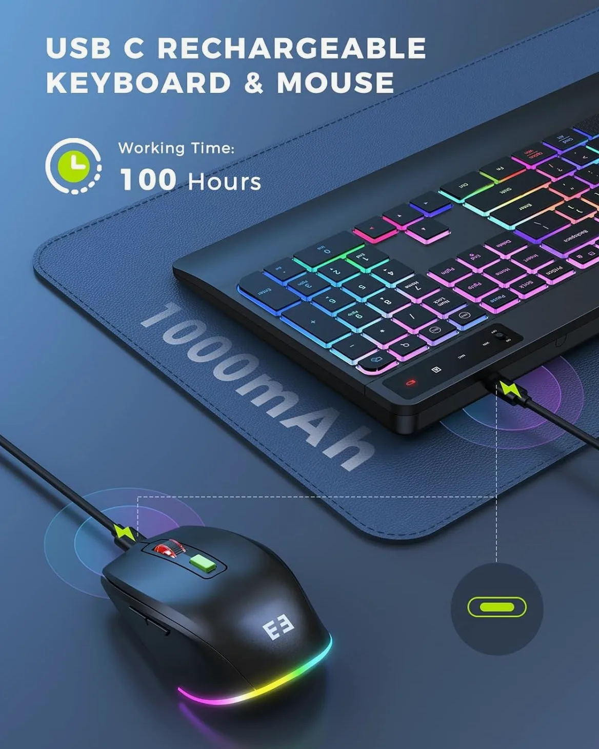 seenda Tastiera wireless 2.4G e mouse Combo con retroilluminazione arcobaleno, tastiera ricaricabile e mouse set UK layout full size con 2 in 1 USB C e USB A Dongle e Wirst Rest, nero