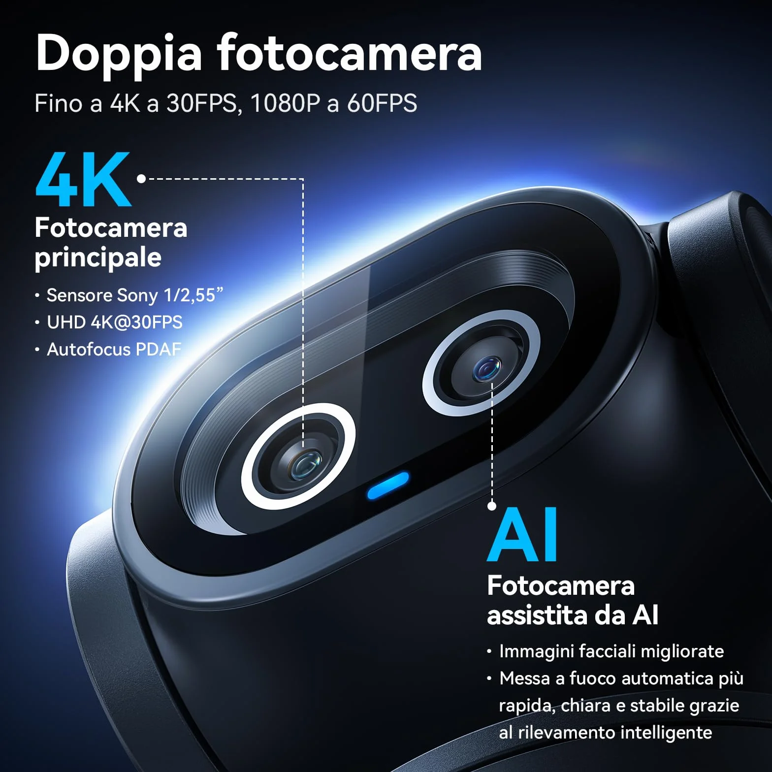 EMEET PIXY Telecamera PTZ 4K a Doppia Telecamera, AI Webcam，Messa a Fuoco Rapida in 0,2 s, con Sensore Sony, Web cam con 3 Microfoni, Webcam 4K per lo Streaming e Compatibile con OBS/Twitch/Switch 2
