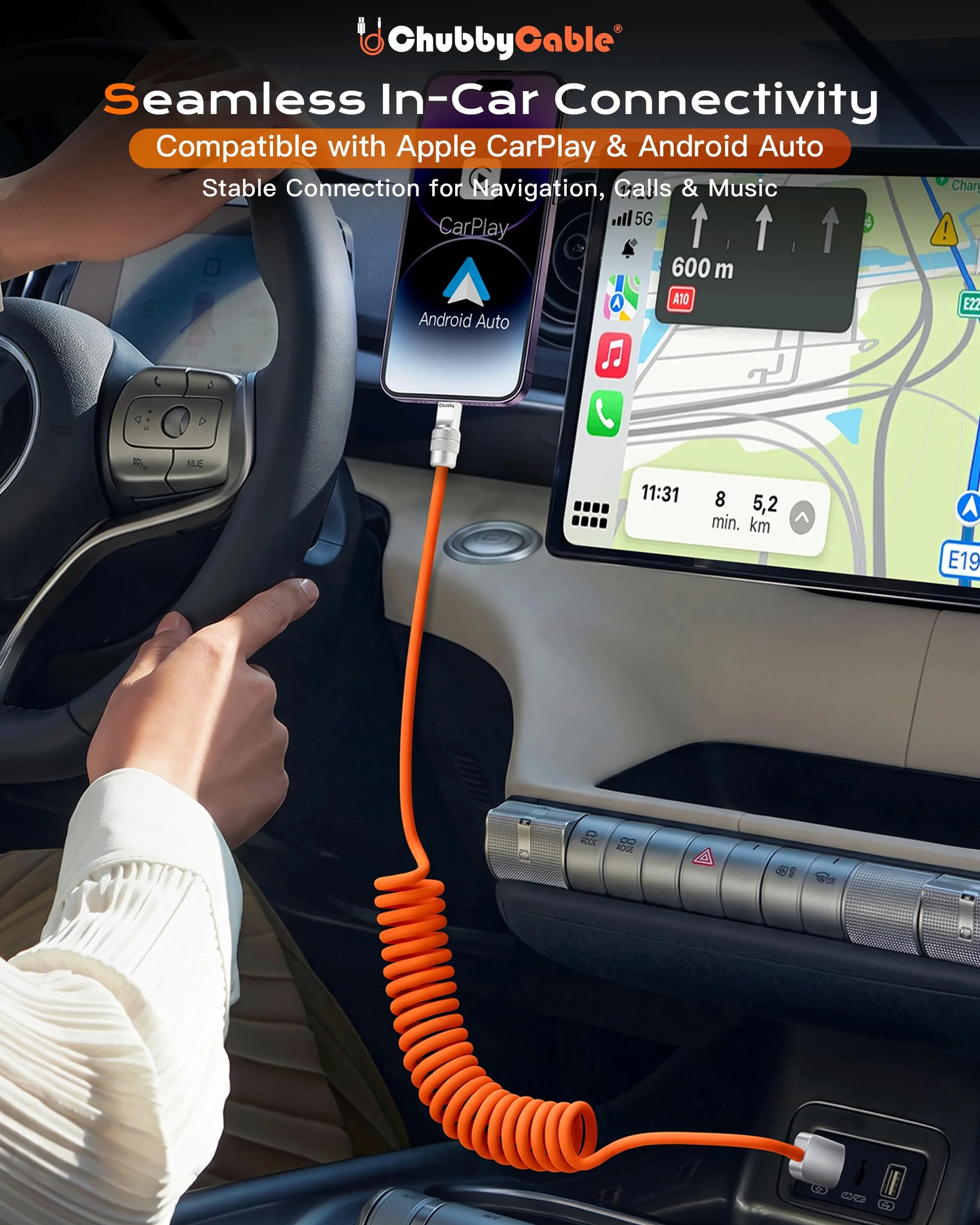 chubbycable Curly Chubby - Cavo USB C a spirale in silicone da 240 W, confezione da 2 [240H Sag-Free] Cavo di ricarica rapida a spirale per auto, cavo di ricarica retrattile per Android Auto e CarPlay