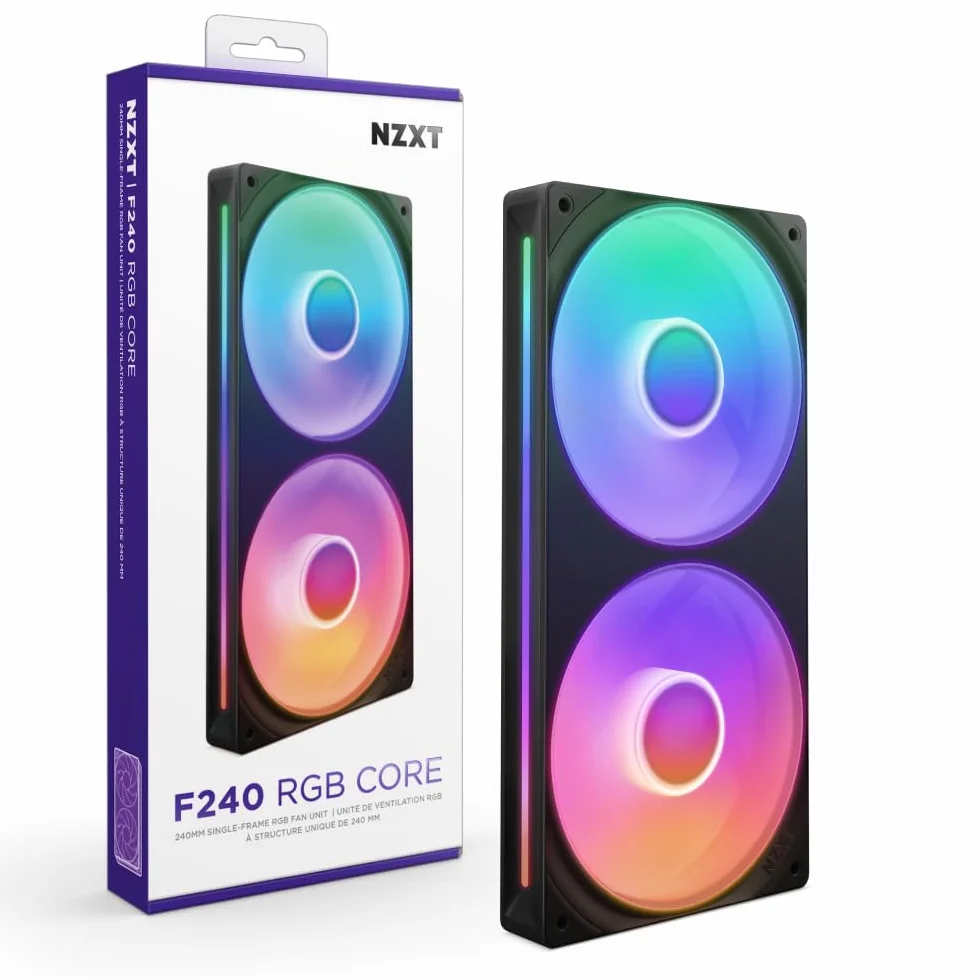 NZXT F240 RGB Core - Telaio singolo 240 mm con 2 ventole RGB 120 mm - Controllo velocità illuminazione - Alta pressione statica e flusso d'aria - Cuscinetti fluidodinamici - 8 LED aRGB - Nero