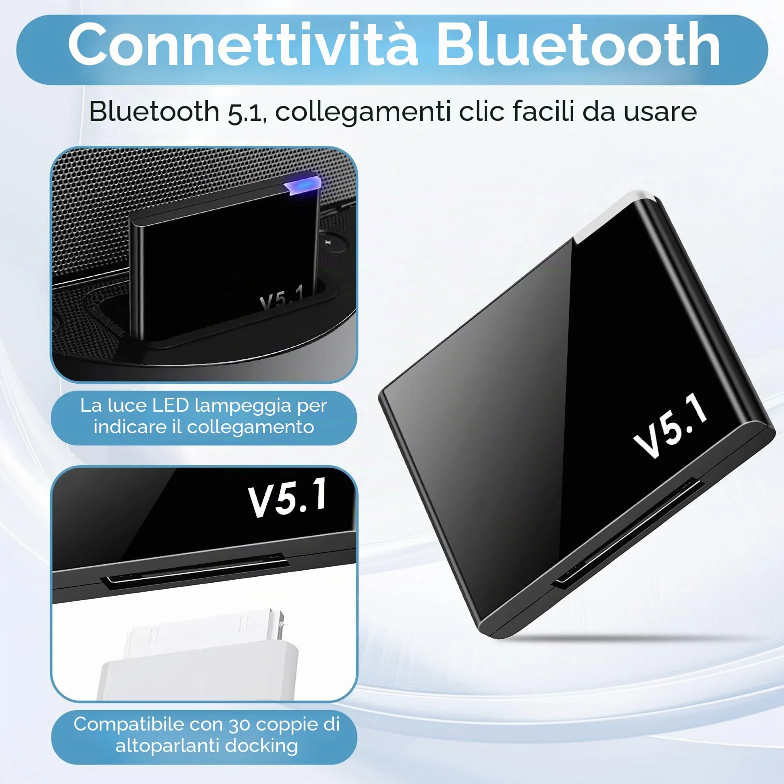 Adattatore Bluetooth 5.1 30 pin per Bose e altri dispositivi con AptX e connessione stabile fino a 20 metri, adattatore Bluetooth per auto e catena Hi-Fi