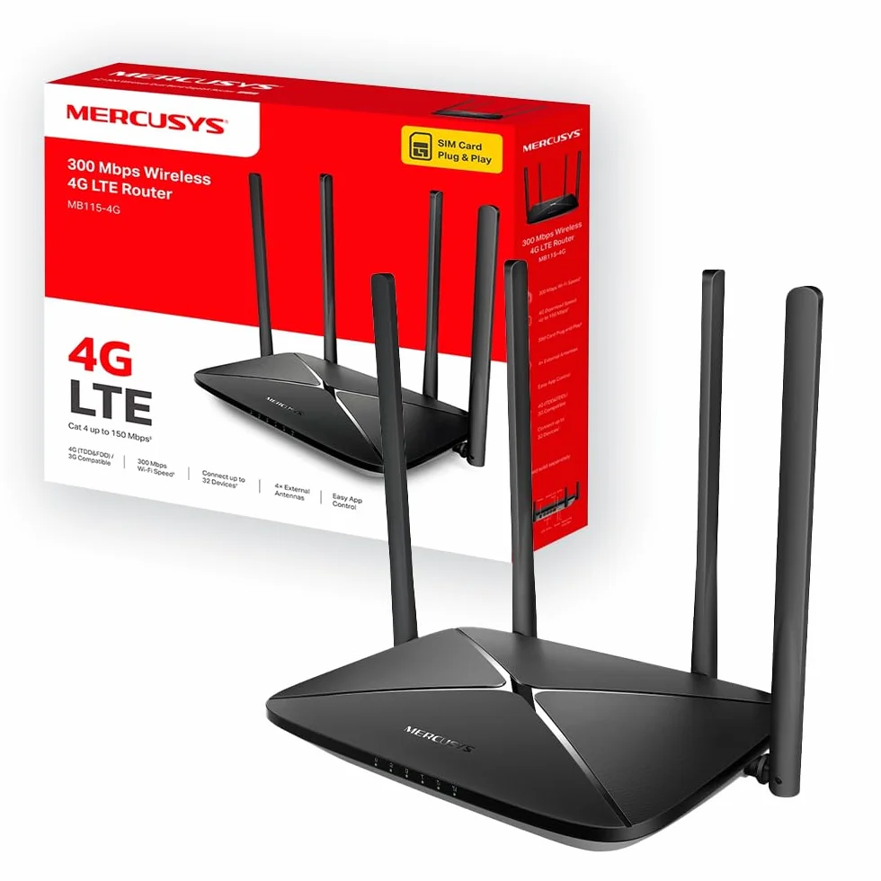 Mercusys MB115-4G Router WiFi con Sim, 4 Antenne Ad Alto Guadagno, 4G LTE Wireless N300Mbps, 3 Porte LAN+1 Porta LAN/WAN, WAN Connection Backup, Parental/LED Control, VPN, SMS, APP, Plug&Play