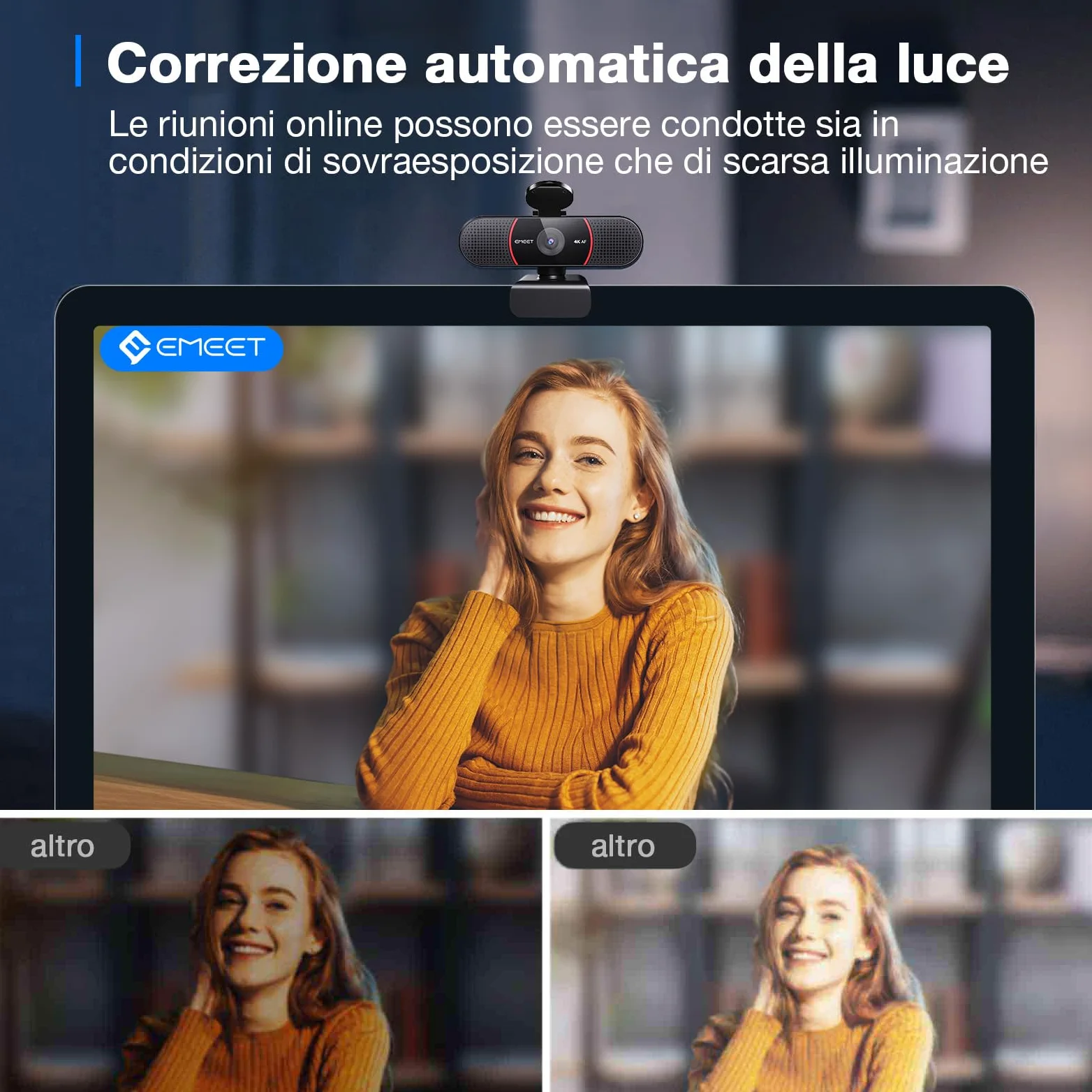 EMEET Webcam 4K per PC, Webcam C960 4K UHD con Copriobiettivo e Doppio Microfono, Videocamera per Streaming a 73° con Correzione Automatica Della luce, Plug & Play, Web cam USB ideale per Zoom