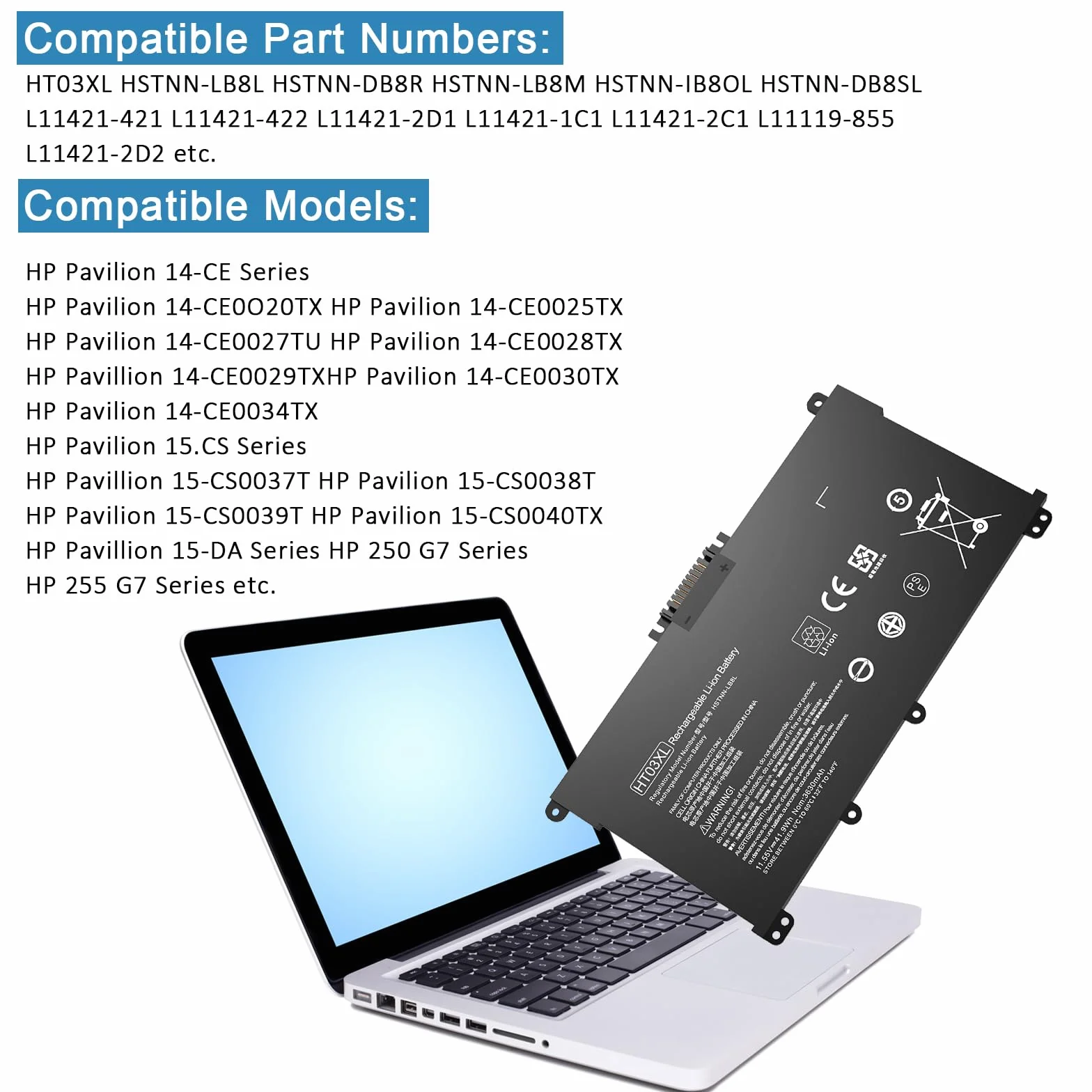 HT03XL L11119-855 - Batteria per laptop HP Pavilion 250 G7 255 240 G7 340 G5 348 G5 X360 15-CS 15-CW 15-DA 15-CR 15-CU15-DB 15-DW 17-CA 14 -CE 14 4-CtF1 4-DF HSTNN-LB8L HSTNN-LB8M Batteria di ricambio
