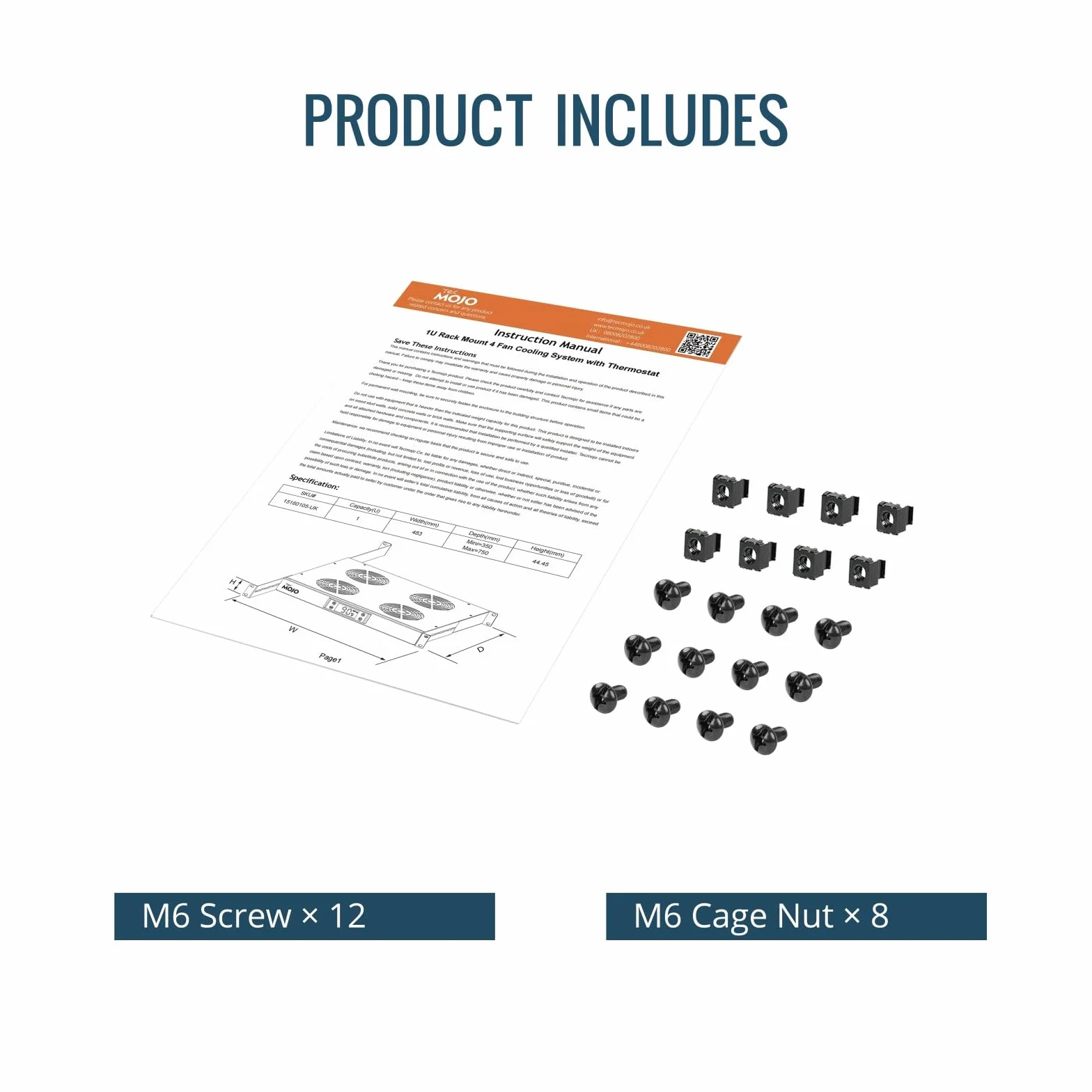 Tecmojo Modulo di Ventilazione da 1U per Rack da 19 Pollici con 4 Ventole, Supporto per Ventole con Guida Regolabile per Profondità da 350mm a 750mm, Nero