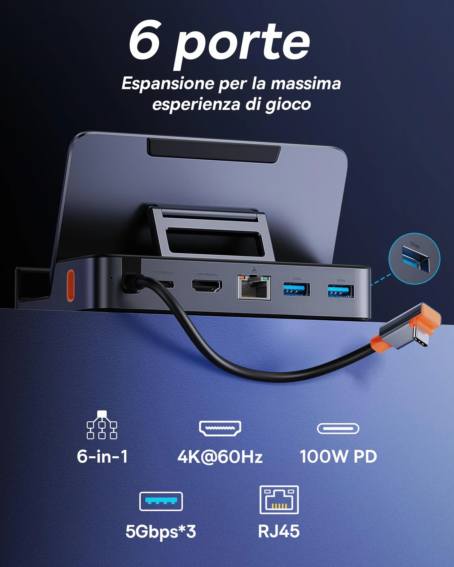 Baseus Steam Deck Dock, Docking Station 6-in-1 Per Steam Deck USB C Con HDMI 4K@60Hz, 3 Porte USB-A 3.0, Design Del Supporto Regolabile E PD 100W Per Ricarica Rapida