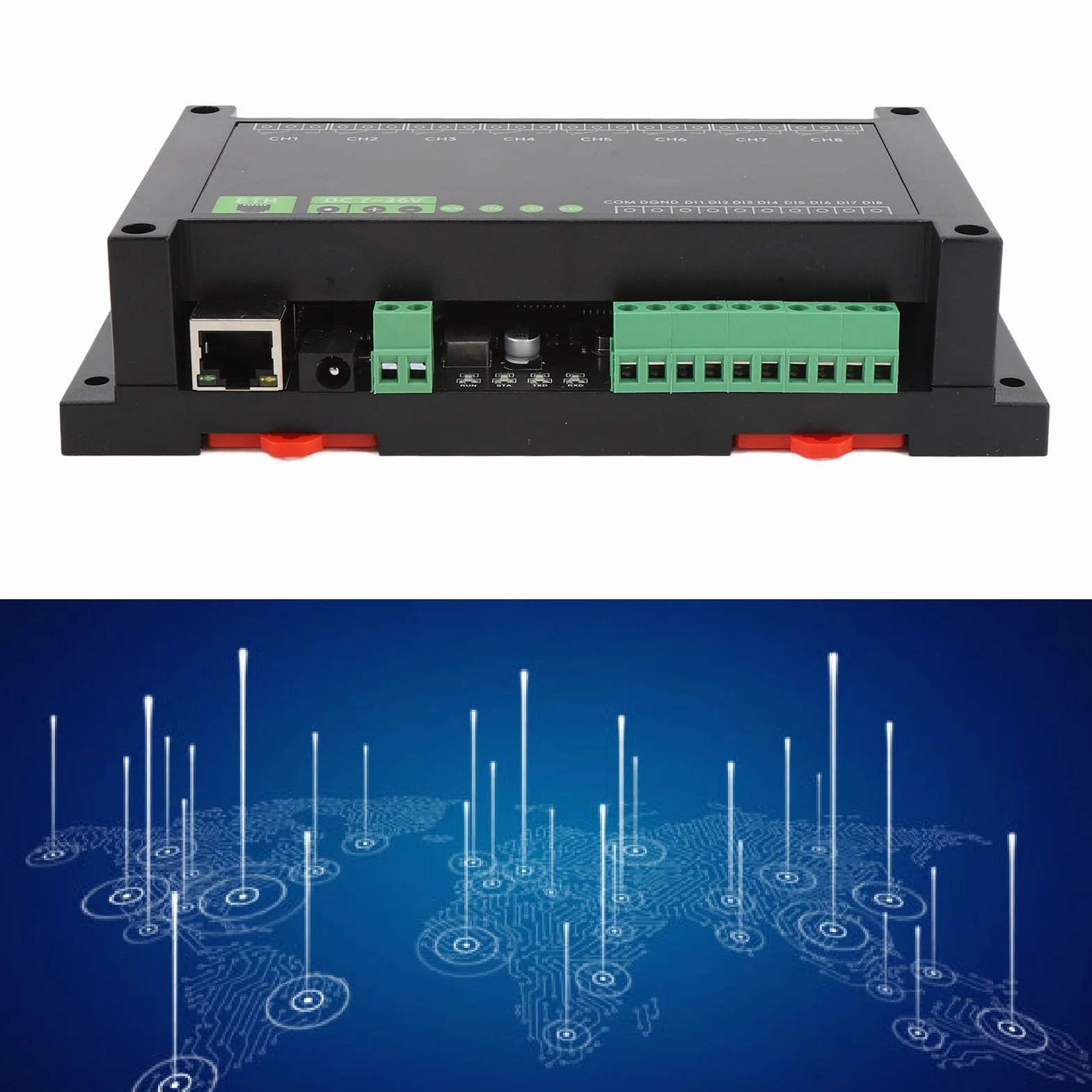 Modulo relè Ethernet 8CH per protocollo RTU, relè industriale alimentato PoE con isolamento tramite optoisolatore, custodia a montaggio su guida in ABS per sistemi di controllo del