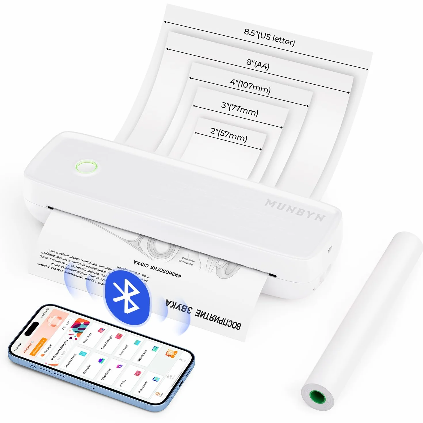 MUNBYN ITP04 Stampante termica portatile A4 Bluetooth 8.5x11 USB-C bianco