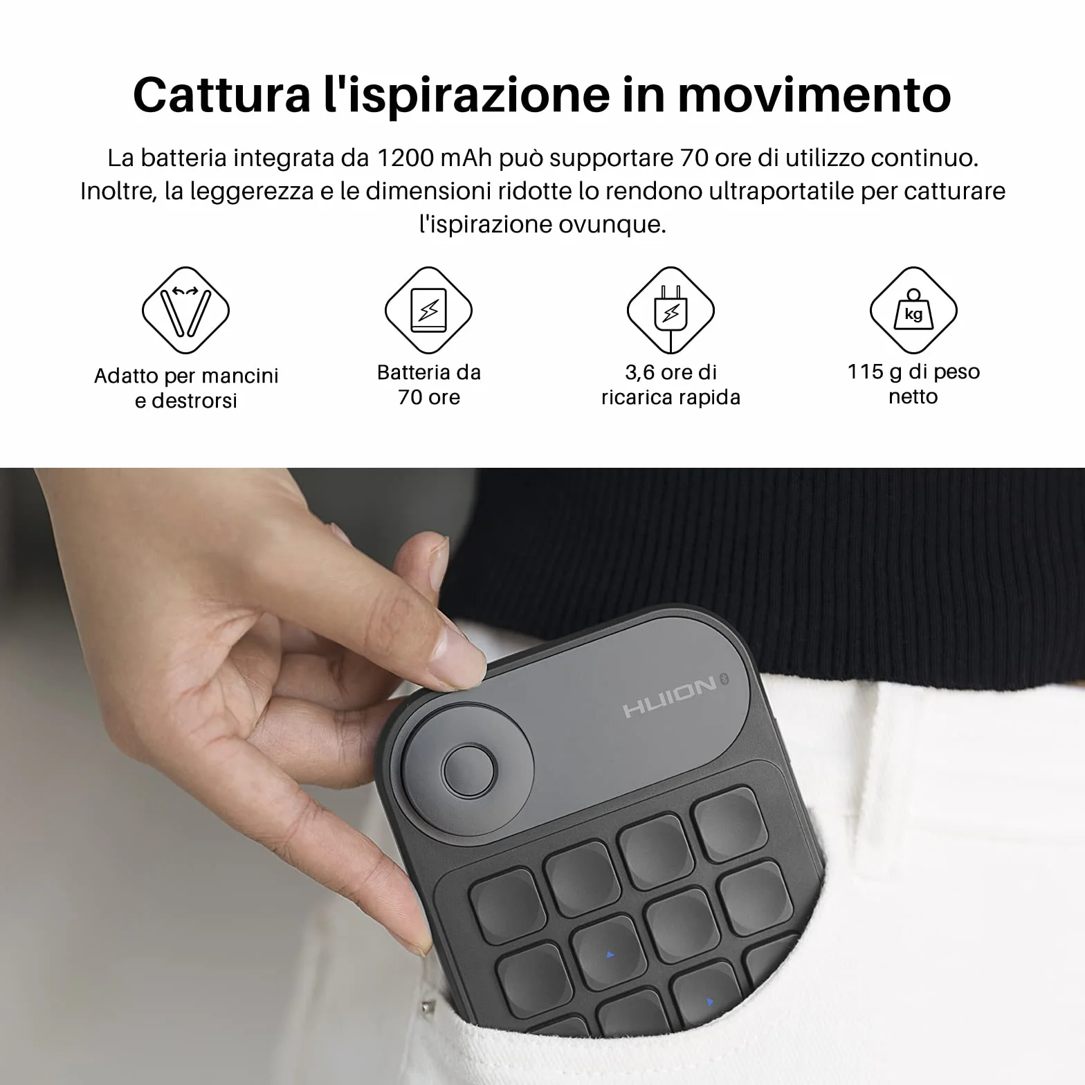 HUION Keydial Mini K20 Tastiera Remota Bluetooth 5.0 per Display da Disegno e Tavoletta Grafica con Controller a Quadrante+18 Tasti Personalizzati, Tastiera Portatile per PC, Laptop, Mac