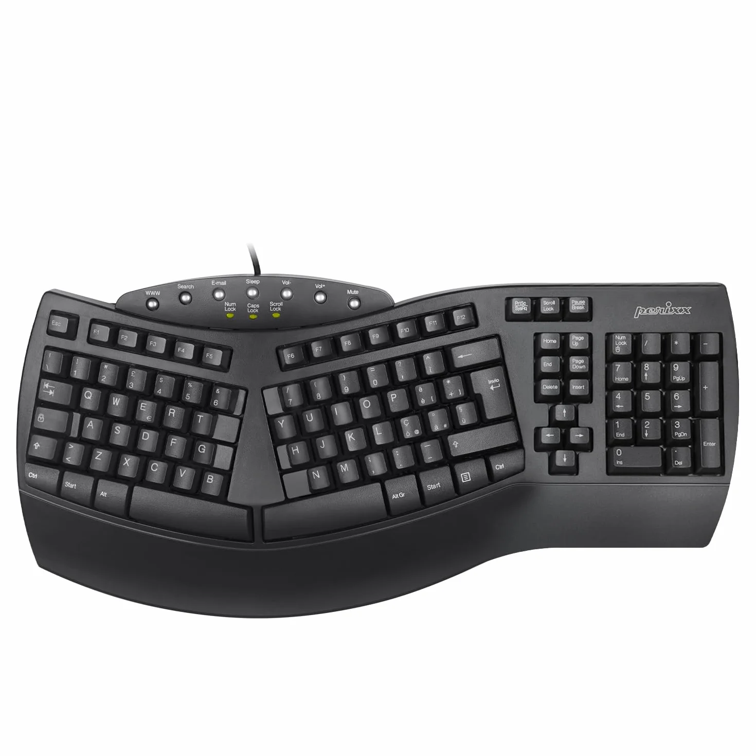 Perixx PERIBOARD-512 Tastiera Split Ergonomica Cablata USB, Design Suddiviso, con 7 Tasti Multimediali e Poggiapolsi Incorporato, QWERTY Italiana, Nera