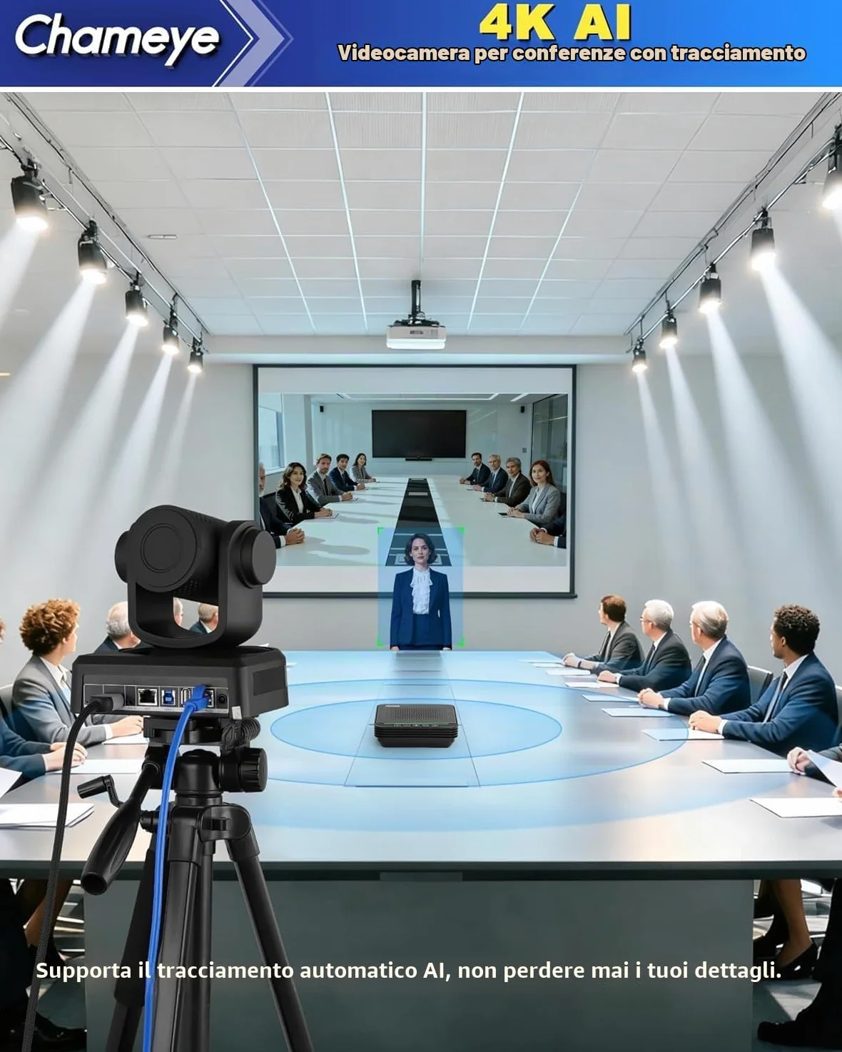 Chameye Set di 4K PTZ telecamera per conferenze con Microfono per conferenza Bluetooth, Zoom 20x, tracciamento automatico AI, USB 3.0, HDMI, telecamera per videoconferenze PTZ per Teams, Zoom (CB201)